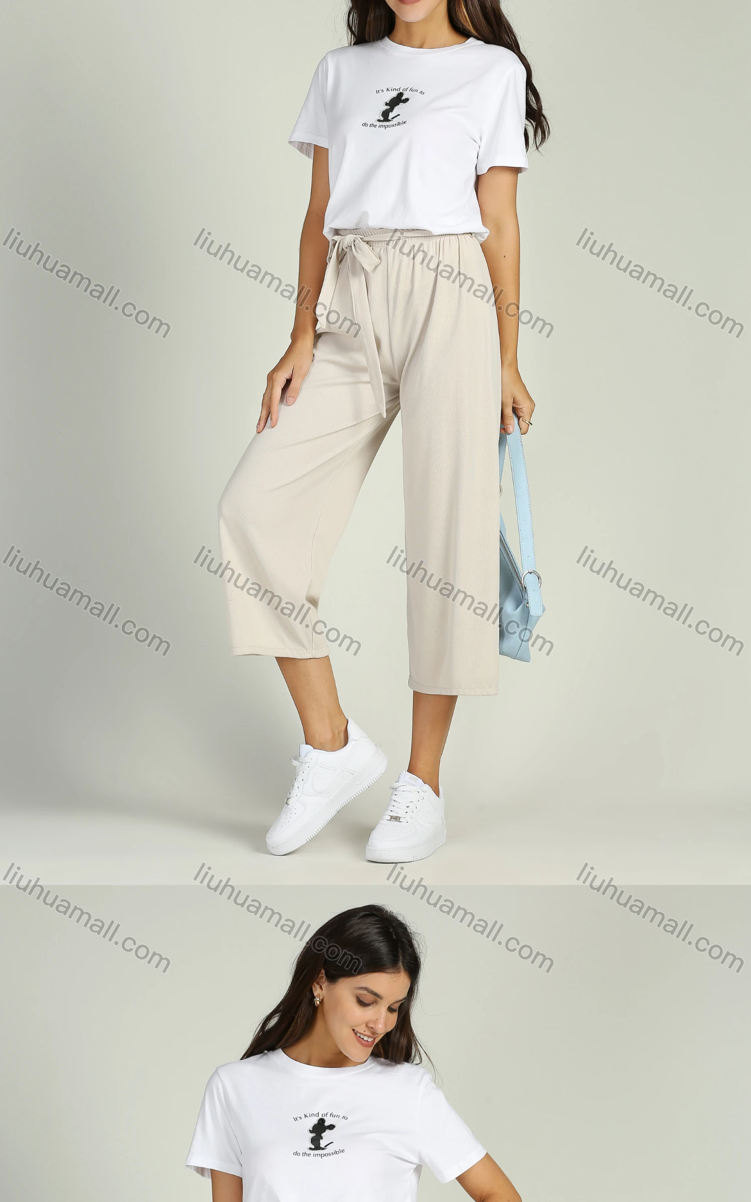 Wholesale Women's Casual Casual Wide Leg Belted Solid Cropped Pants - Liuhuamall