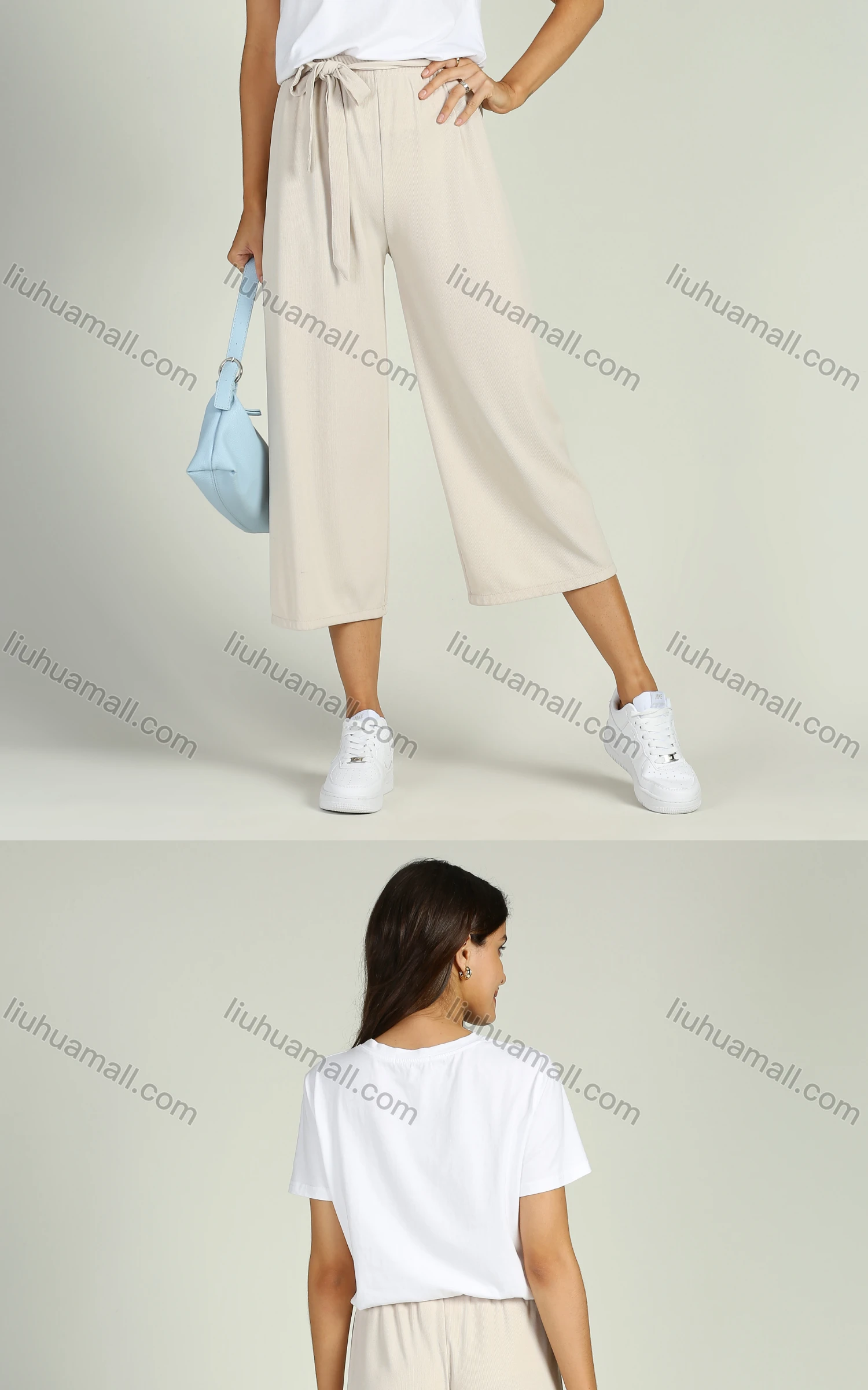 Wholesale Women's Casual Casual Wide Leg Belted Solid Cropped Pants - Liuhuamall