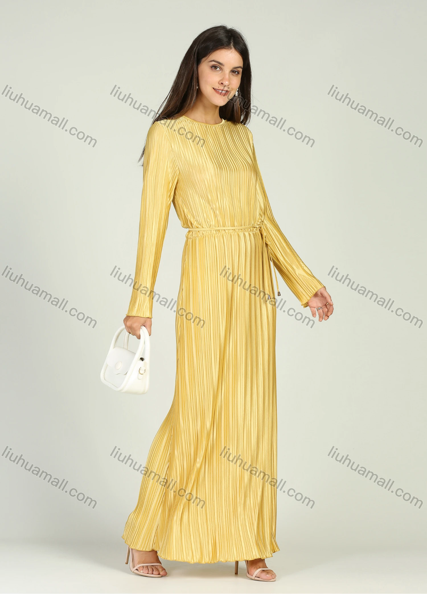 Wholesale Women's Ruched Tie Front Long Sleeve Drop Shape Hollow Midi Dress - Liuhuamall