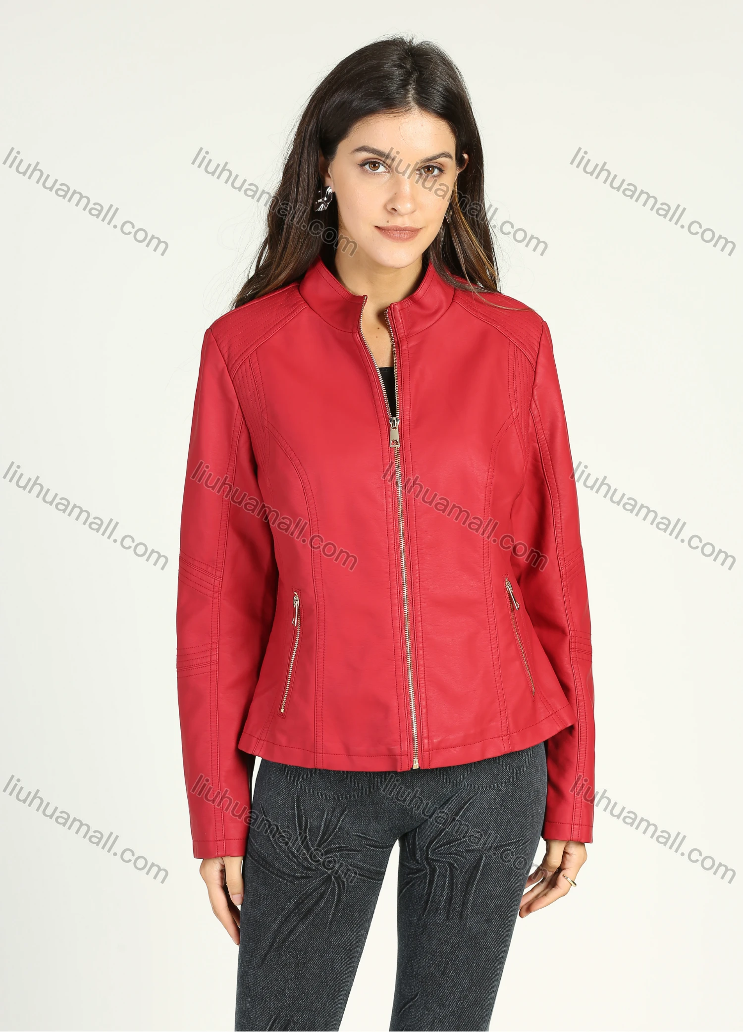 Wholesale Women's Casual Plain Long Sleeve Stand Collar Zipper Leather Jacket With Zipper Pockets - Liuhuamall