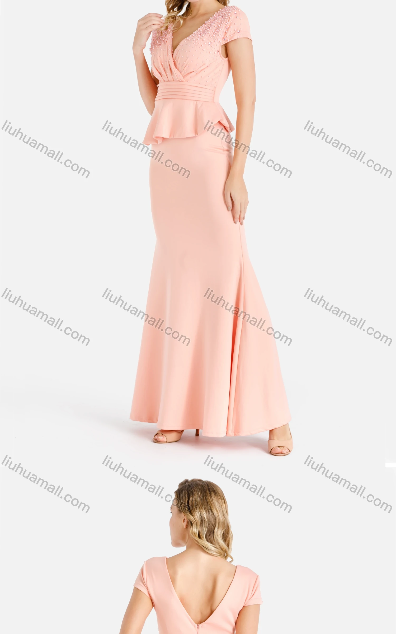 Wholesale Women's Elegant Wrap V Neck Rhinestone Pearl Decor Pleated Ruched Zip Back Mermaid Evening Dress - Liuhuamall