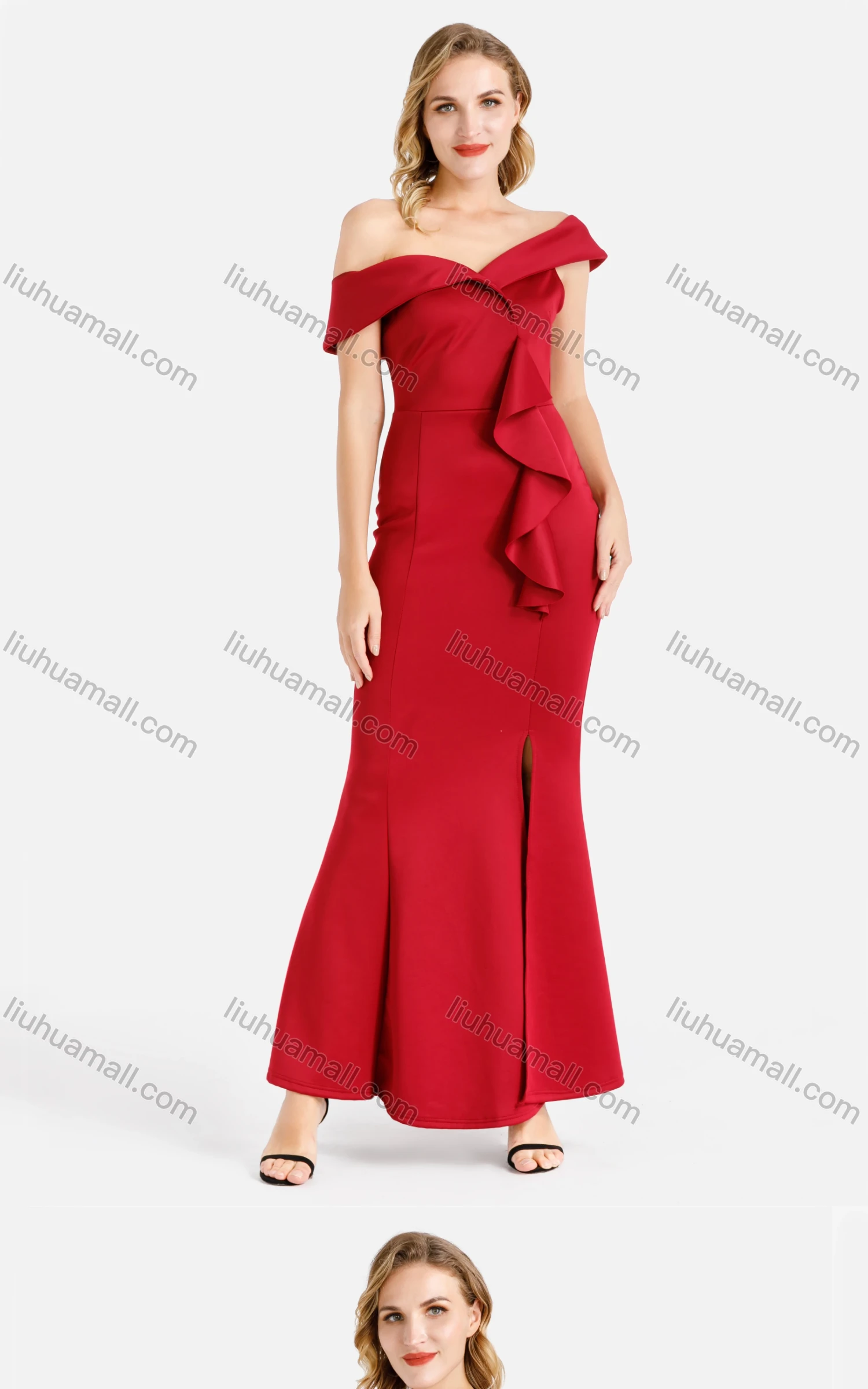 Wholesale Women's Elegant Plain Off Shoulder Zip Back Ruffle Trim Split Hem Bodycon Maxi Evening Dress - Liuhuamall