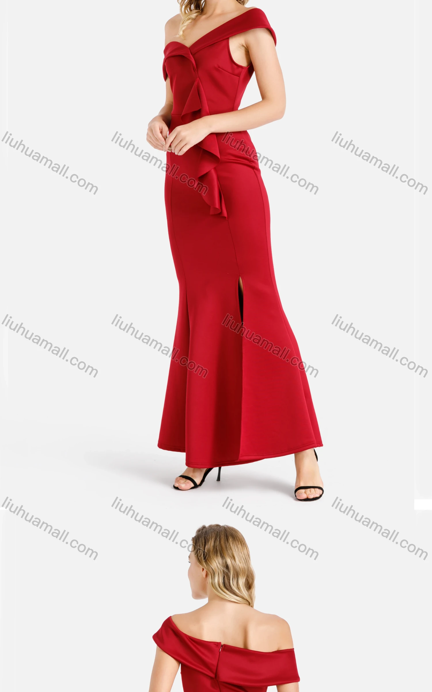 Wholesale Women's Elegant Plain Off Shoulder Zip Back Ruffle Trim Split Hem Bodycon Maxi Evening Dress - Liuhuamall