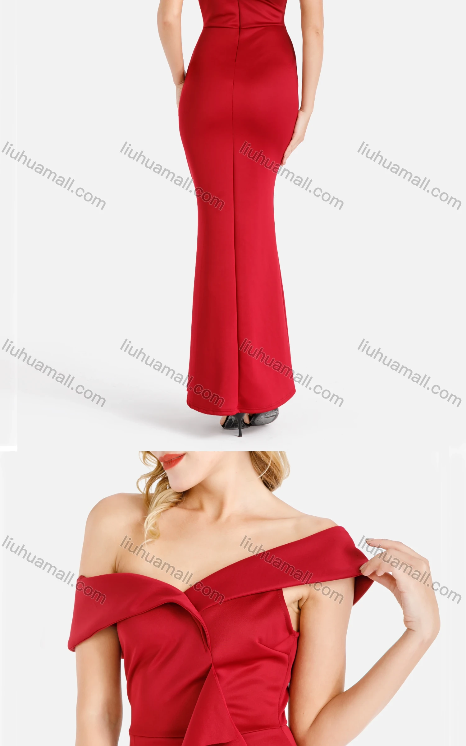 Wholesale Women's Elegant Plain Off Shoulder Zip Back Ruffle Trim Split Hem Bodycon Maxi Evening Dress - Liuhuamall