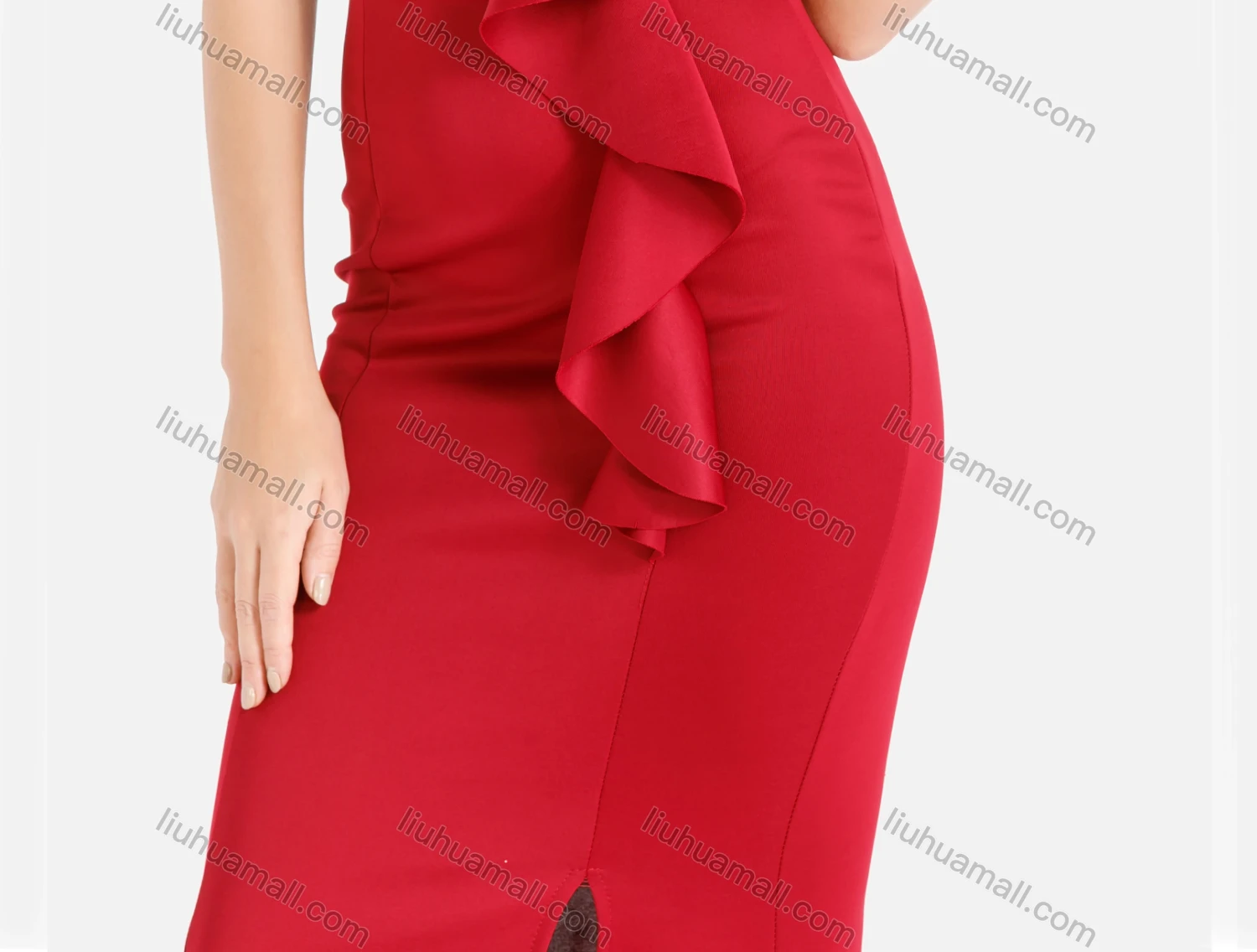 Wholesale Women's Elegant Plain Off Shoulder Zip Back Ruffle Trim Split Hem Bodycon Maxi Evening Dress - Liuhuamall