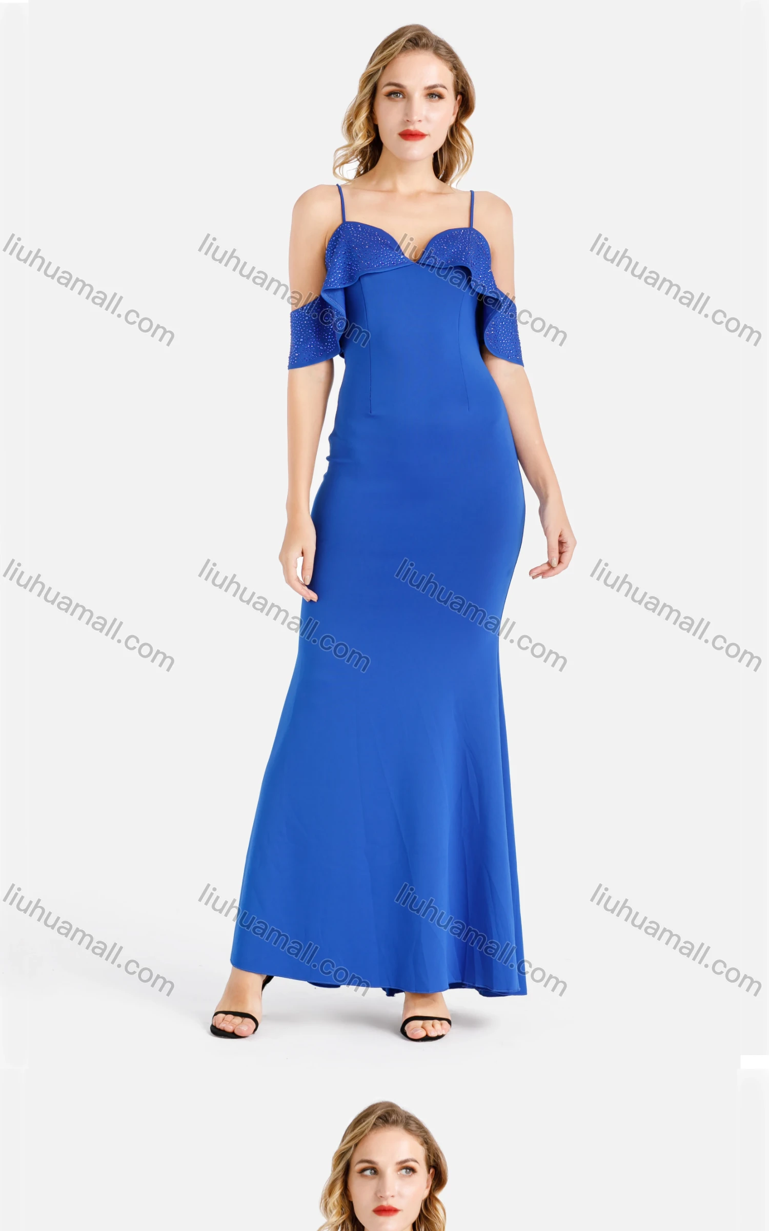 Wholesale Women's Elegant Plain Crisscross Back Rhinestone Ruffle Trim Maxi Cami Mermaid Evening Dress - Liuhuamall