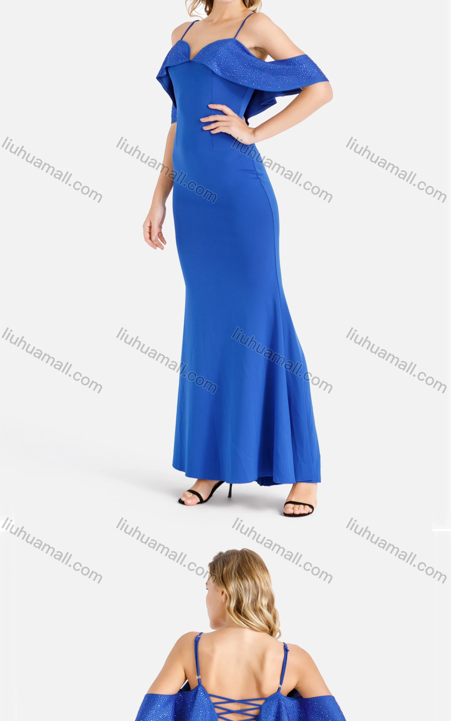 Wholesale Women's Elegant Plain Crisscross Back Rhinestone Ruffle Trim Maxi Cami Mermaid Evening Dress - Liuhuamall