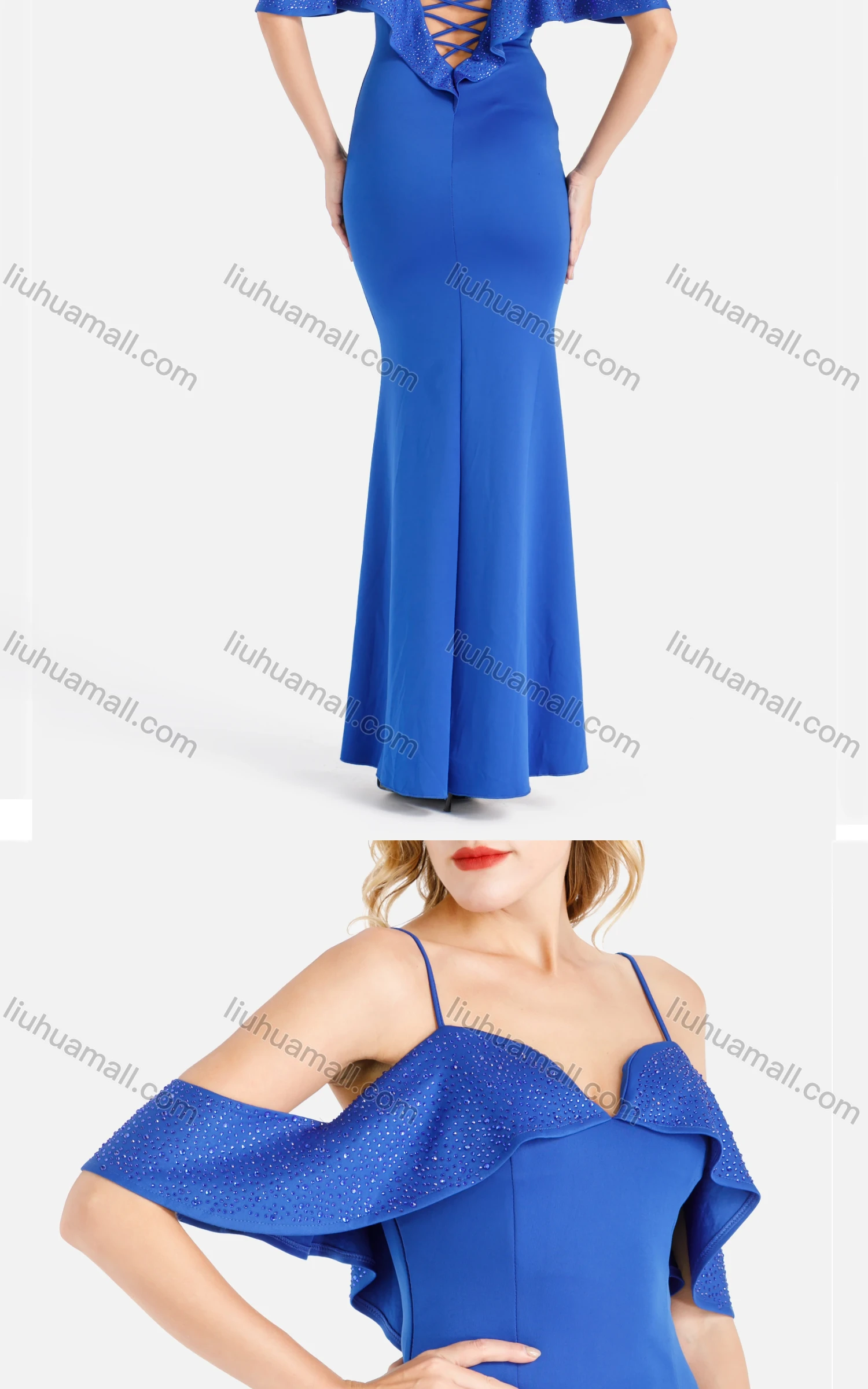 Wholesale Women's Elegant Plain Crisscross Back Rhinestone Ruffle Trim Maxi Cami Mermaid Evening Dress - Liuhuamall