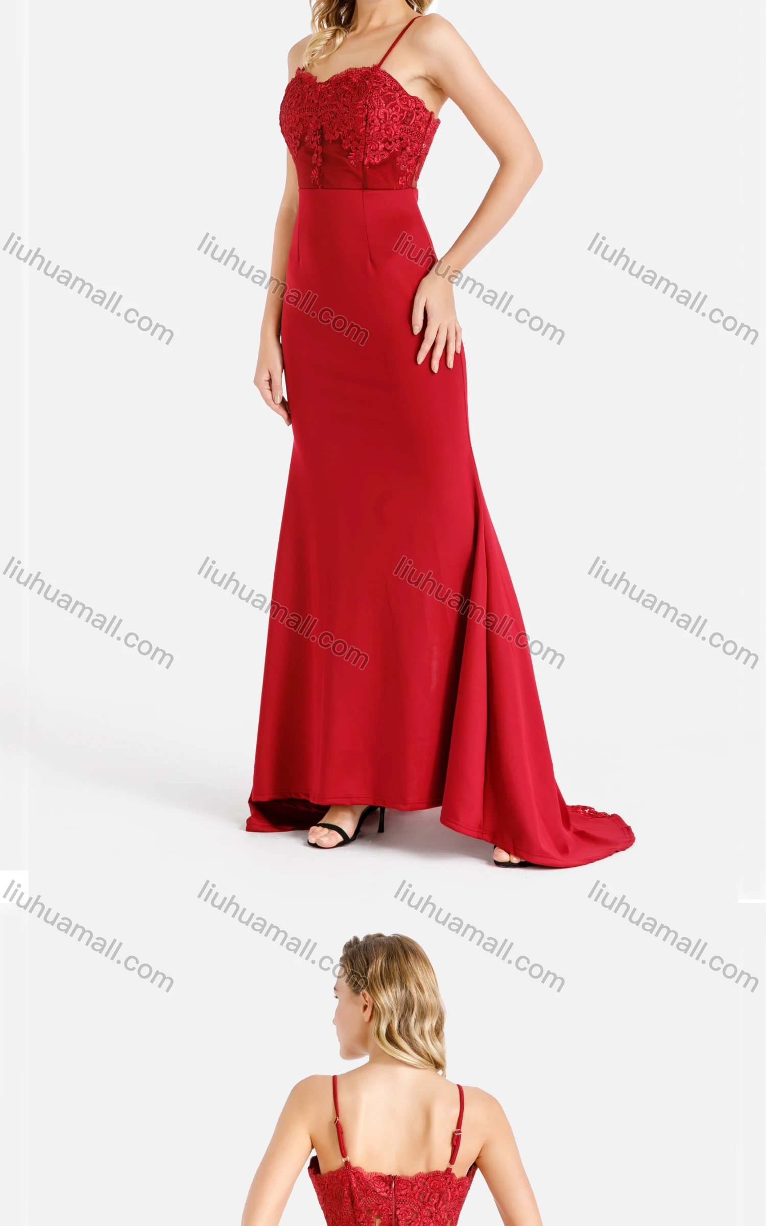 Wholesale Women's Elegant Plain Appliques Splicing Sheer Mesh Zip Back Bodycon Cami Evening Dress - Liuhuamall