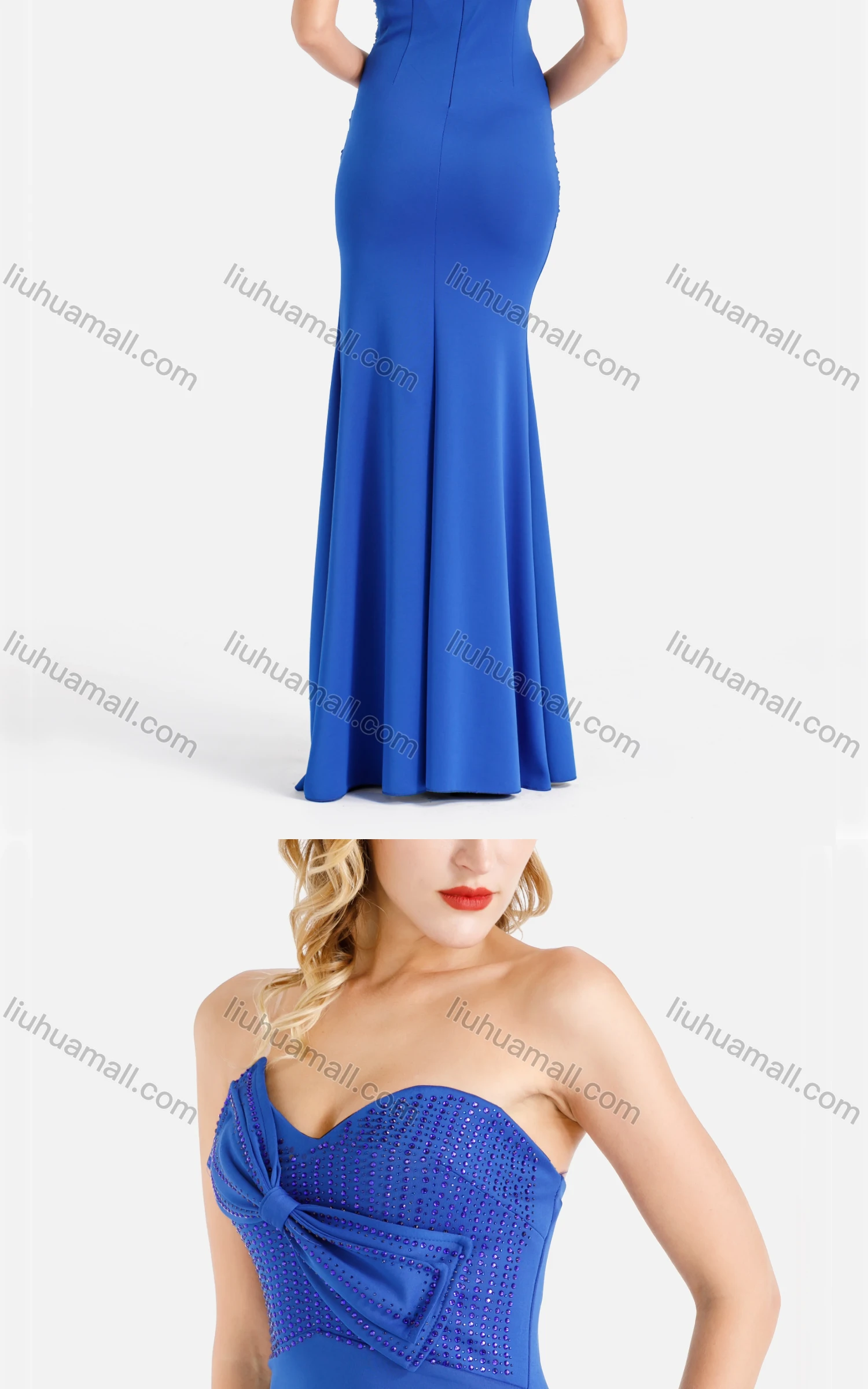 Wholesale Women's Sexy Plain Rhinestone Bow Knot Ruched Split Thigh Strapless Tube Bodycon Evening Dress - Liuhuamall