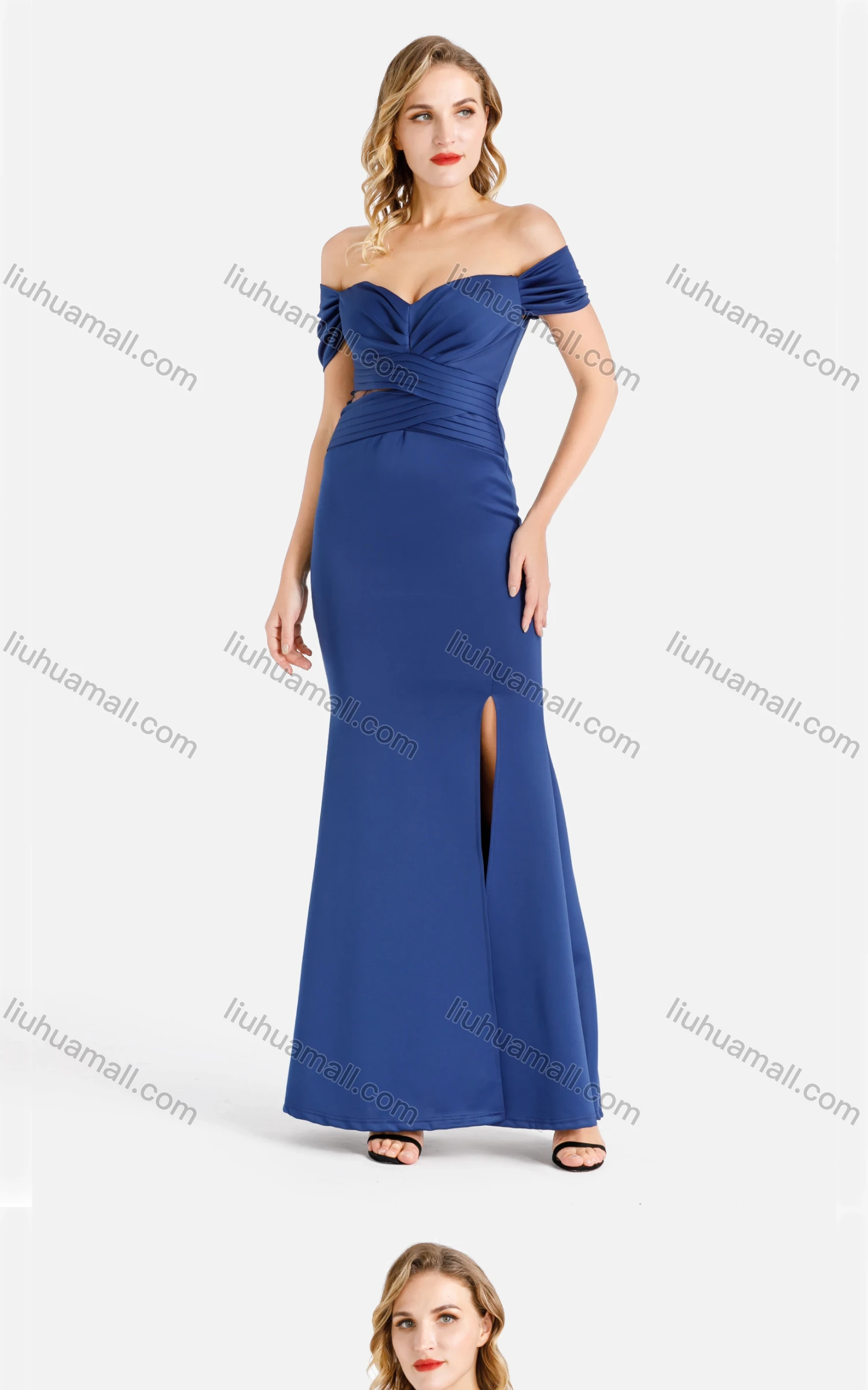 Wholesale Women's Fashion Plain Off Shoulder Ruched Pleated Cut Out Zip Back Split Thigh Maxi Evening Dress - Liuhuamall