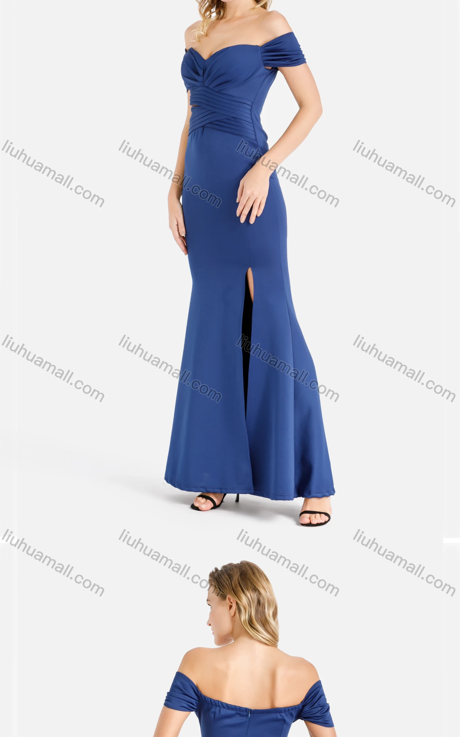 Wholesale Women's Fashion Plain Off Shoulder Ruched Pleated Cut Out Zip Back Split Thigh Maxi Evening Dress - Liuhuamall