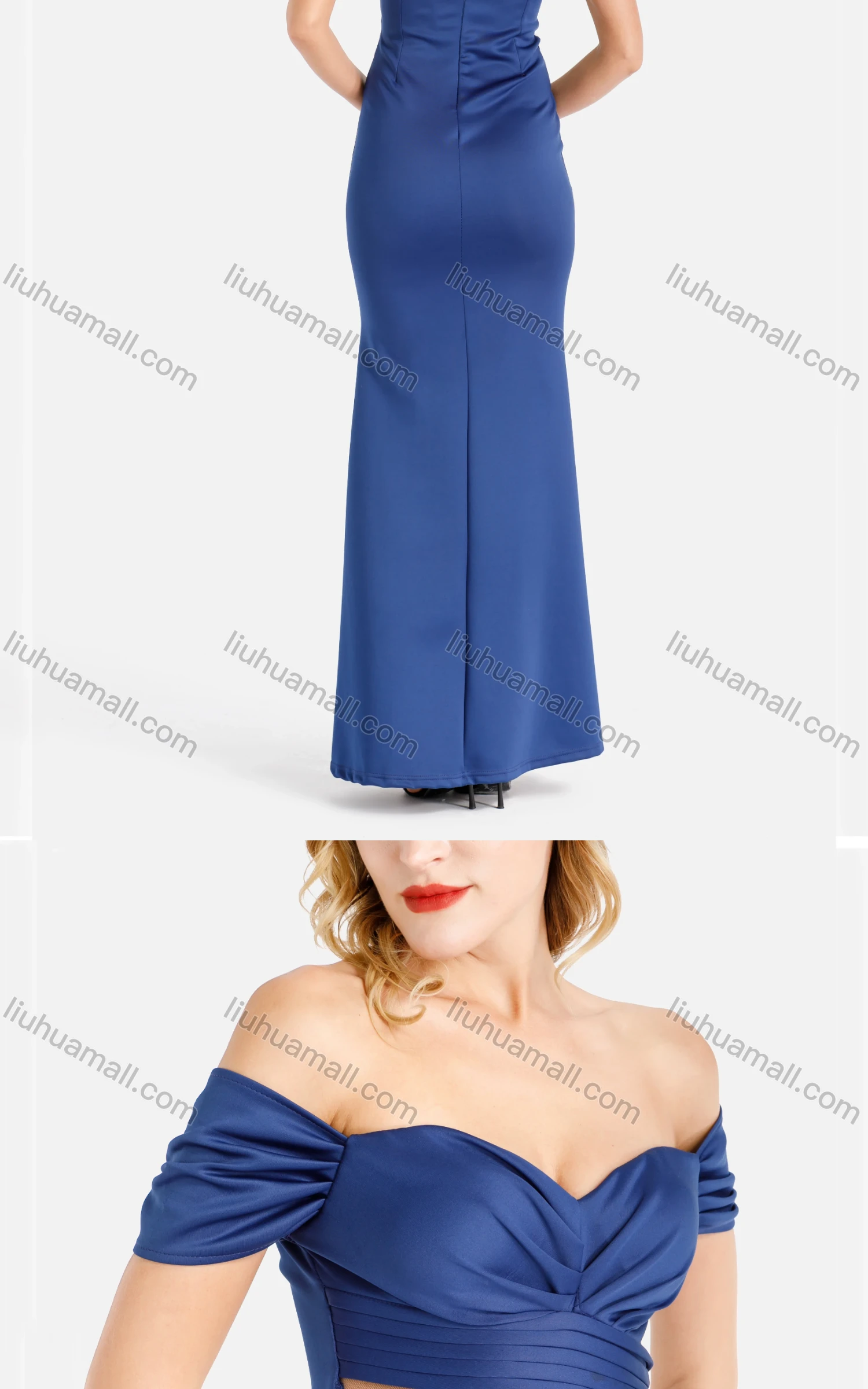 Wholesale Women's Fashion Plain Off Shoulder Ruched Pleated Cut Out Zip Back Split Thigh Maxi Evening Dress - Liuhuamall