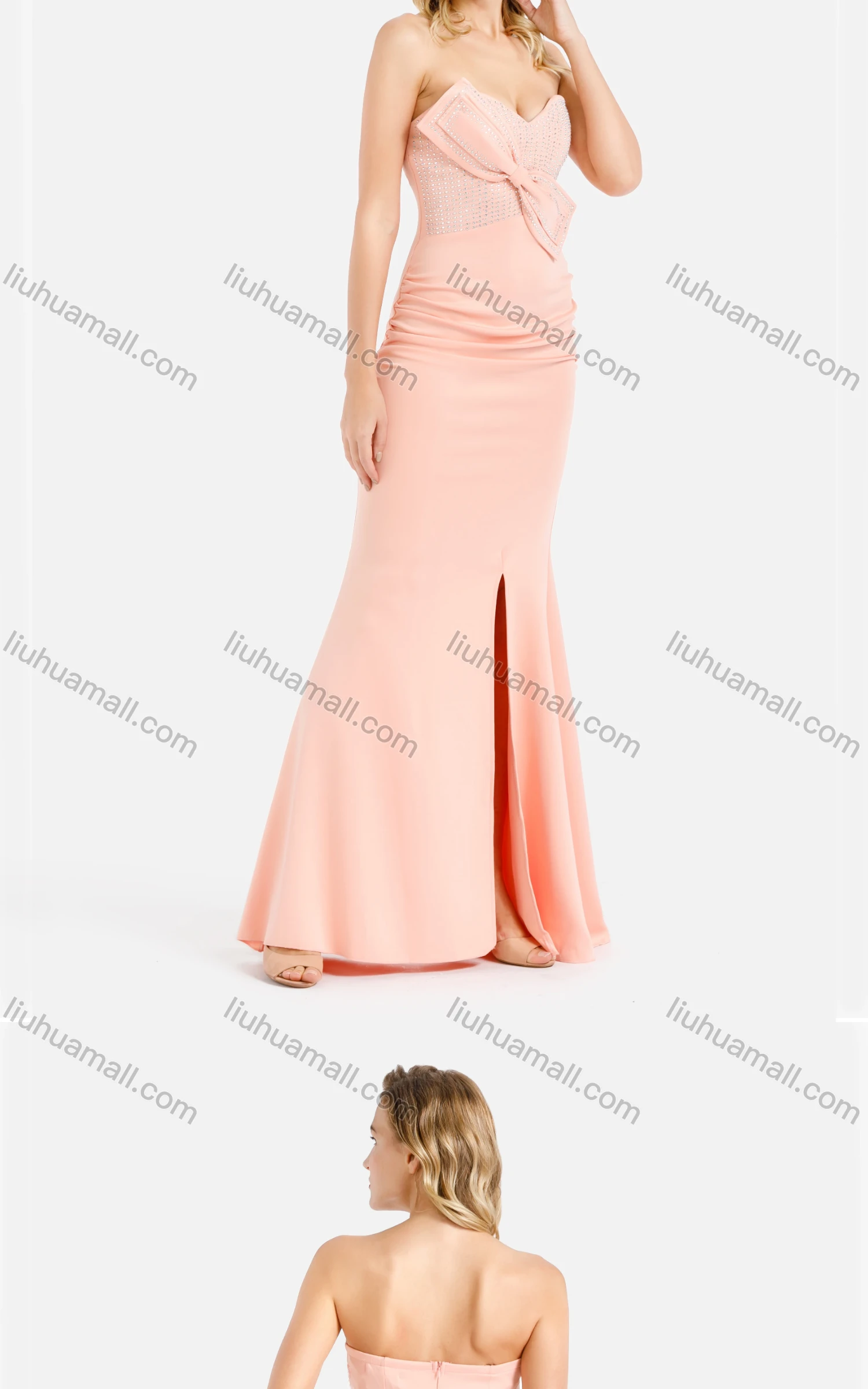 Wholesale Women's Elegant Plain Rhinestone Bow Knot Ruched Split Hem Strapless Tube Bodycon Evening Dress - Liuhuamall