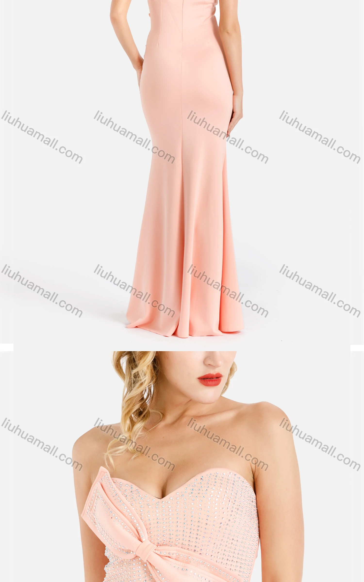 Wholesale Women's Elegant Plain Rhinestone Bow Knot Ruched Split Hem Strapless Tube Bodycon Evening Dress - Liuhuamall