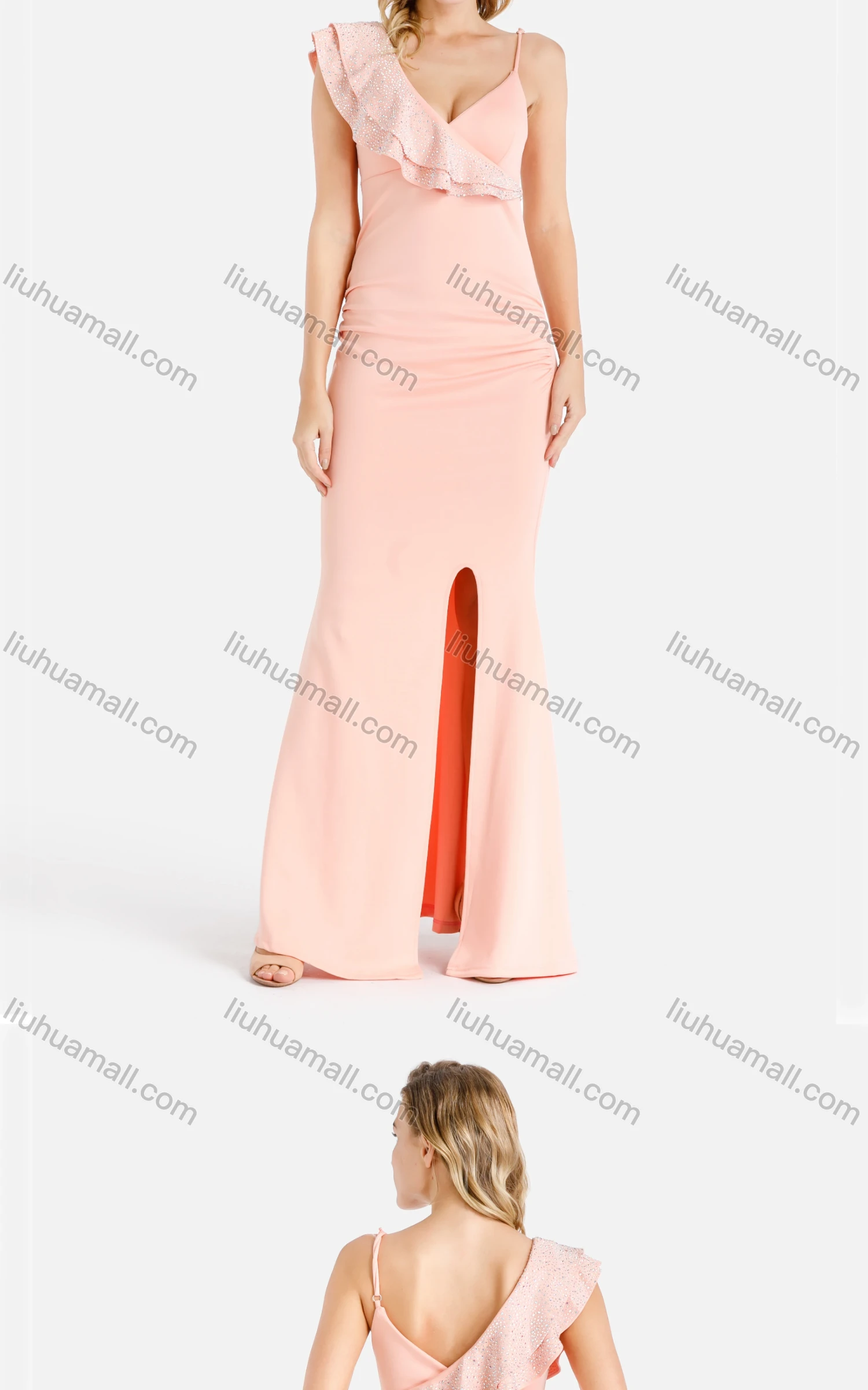 Wholesale Women's Elegant Asymmetrical Neck Ruched Ruffle Trim Wrap Rhinestone Split Hem Mermaid Evening Dress - Liuhuamall