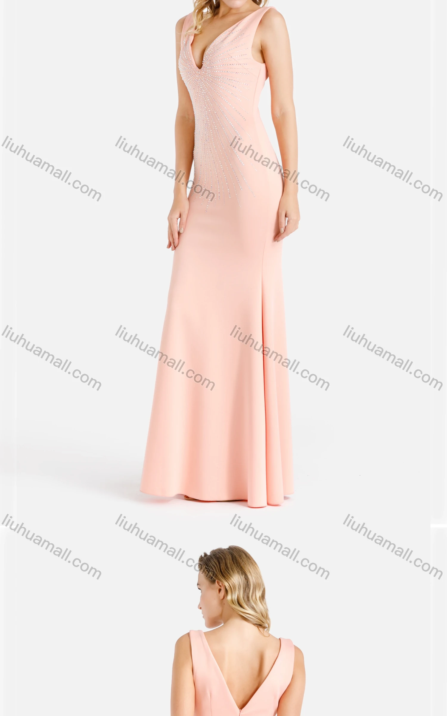 Wholesale Women's Elegant Plain Deep V Neck Sleeveless Rhinestone Zip Back Mermaid Evening Dress - Liuhuamall