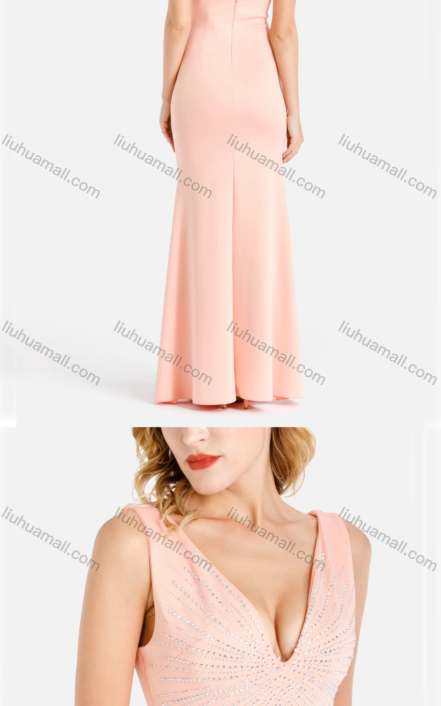 Wholesale Women's Elegant Plain Deep V Neck Sleeveless Rhinestone Zip Back Mermaid Evening Dress - Liuhuamall