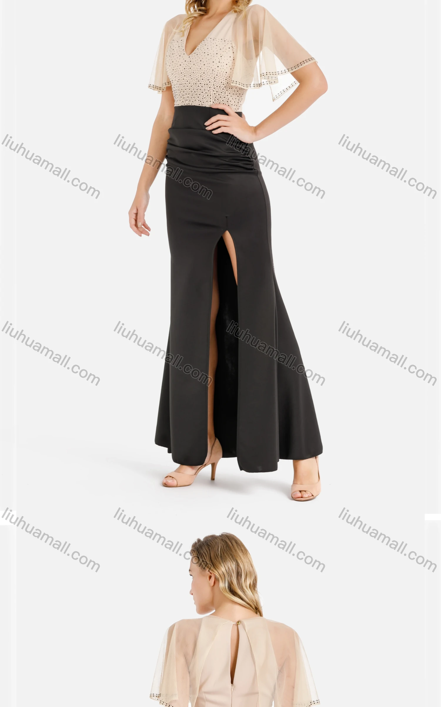 Wholesale Women's Elegant V Neck Zip Back Beads Split Thigh Ruched Two Tone Mermaid Evening Dress - Liuhuamall