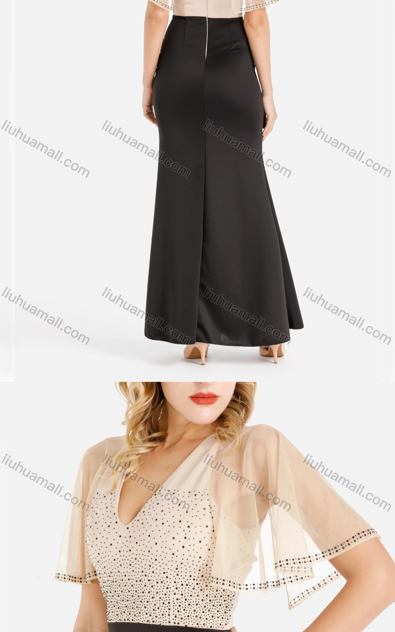 Wholesale Women's Elegant V Neck Zip Back Beads Split Thigh Ruched Two Tone Mermaid Evening Dress - Liuhuamall