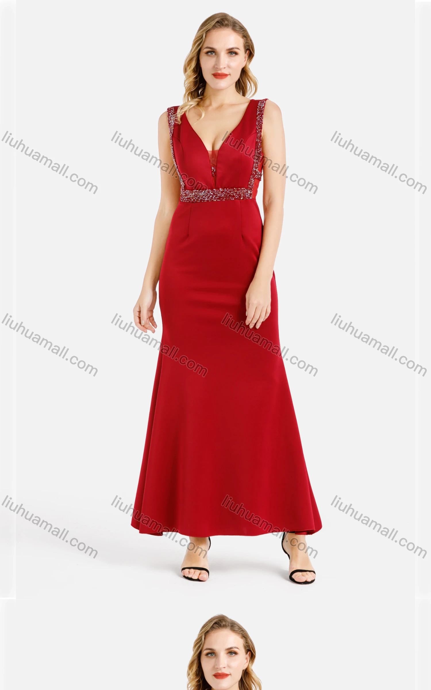 Wholesale Women's Glamorous Plain Deep V Neck Sleeveless Rhinestone Slim Fit Mermaid Maxi Evening Dress - Liuhuamall