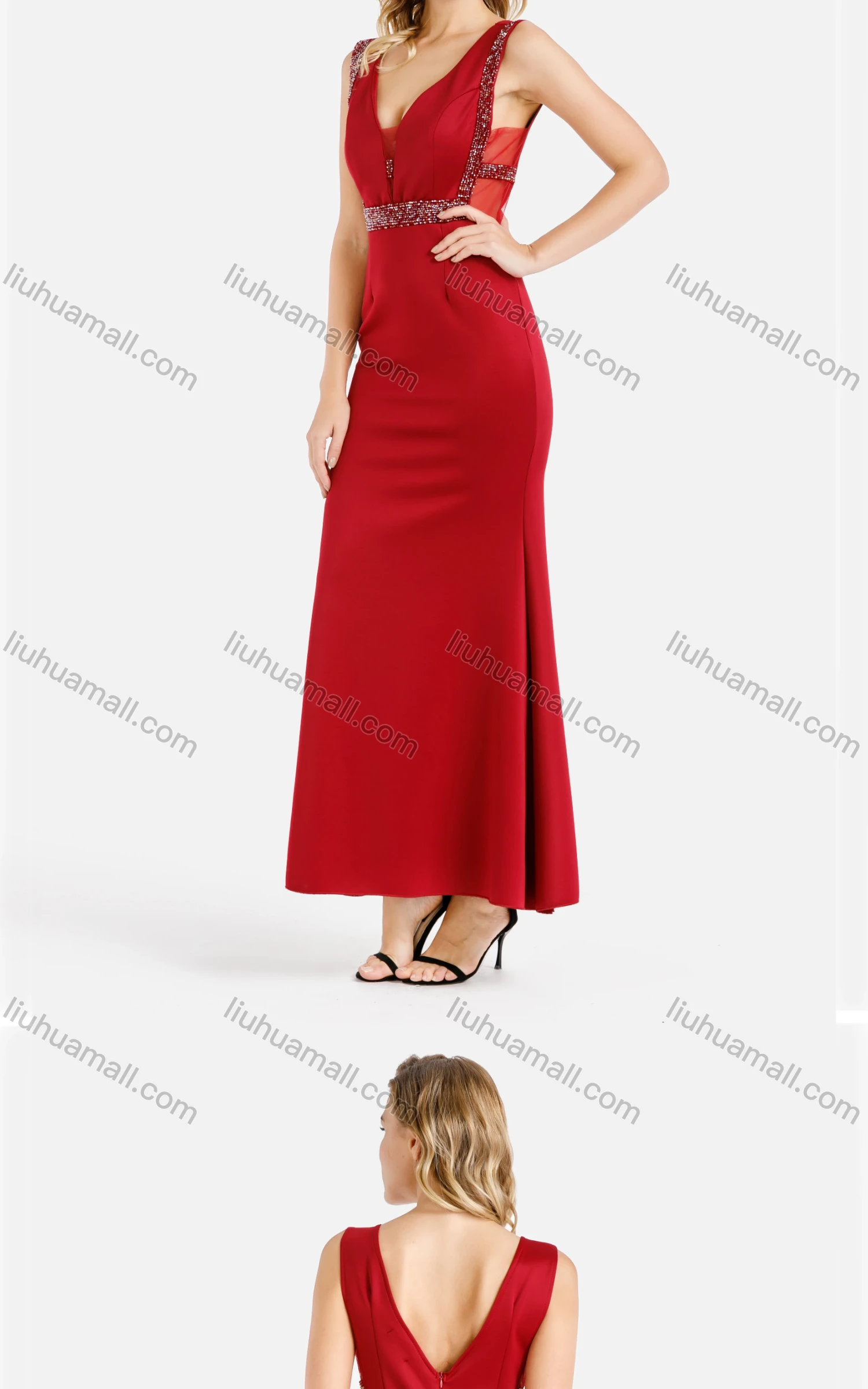 Wholesale Women's Glamorous Plain Deep V Neck Sleeveless Rhinestone Slim Fit Mermaid Maxi Evening Dress - Liuhuamall