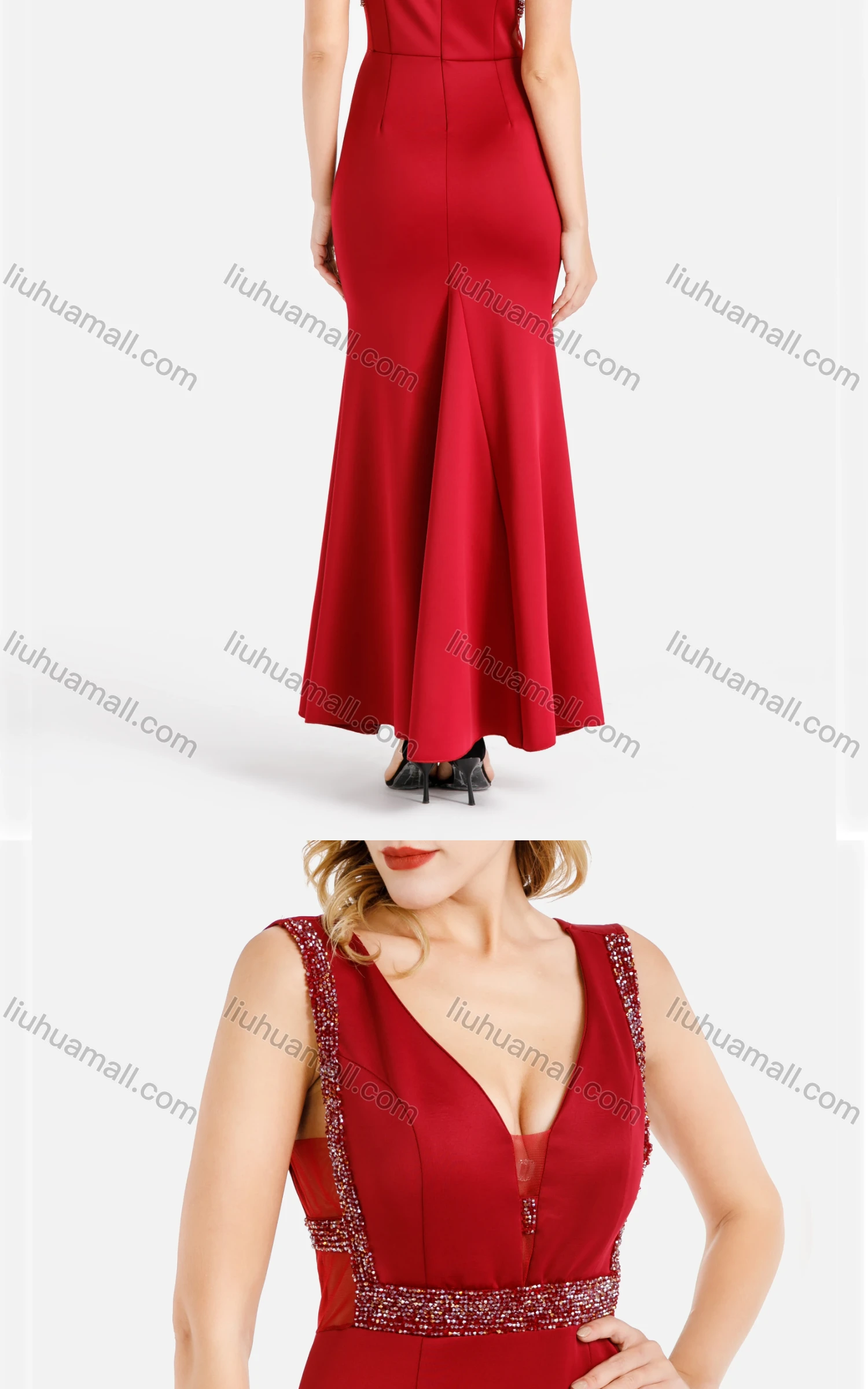 Wholesale Women's Glamorous Plain Deep V Neck Sleeveless Rhinestone Slim Fit Mermaid Maxi Evening Dress - Liuhuamall