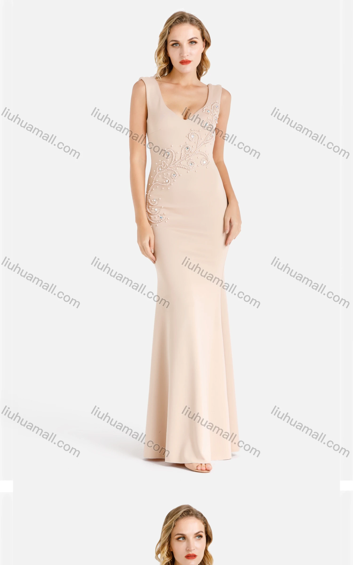Wholesale Women's Elegant Plain V Neck Rhinestone Beaded Applique Sleeveless Slim Fit Mermaid Evening Dress - Liuhuamall