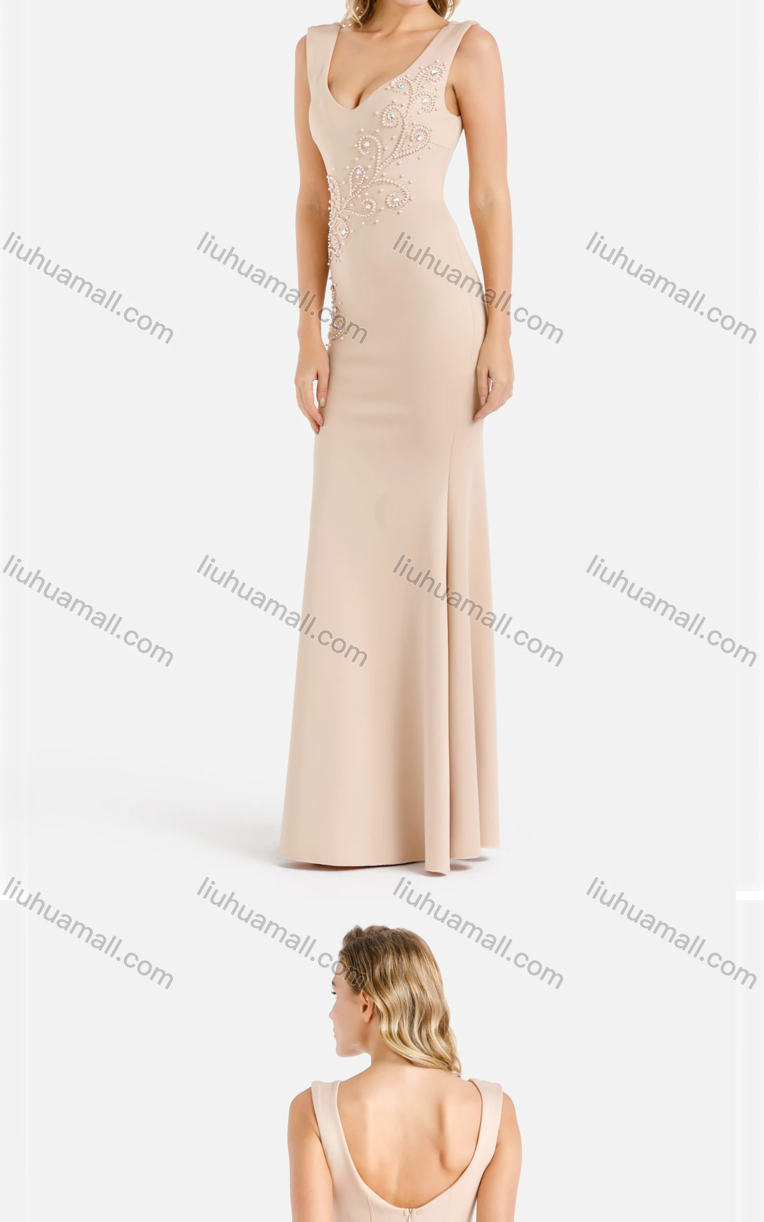 Wholesale Women's Elegant Plain V Neck Rhinestone Beaded Applique Sleeveless Slim Fit Mermaid Evening Dress - Liuhuamall