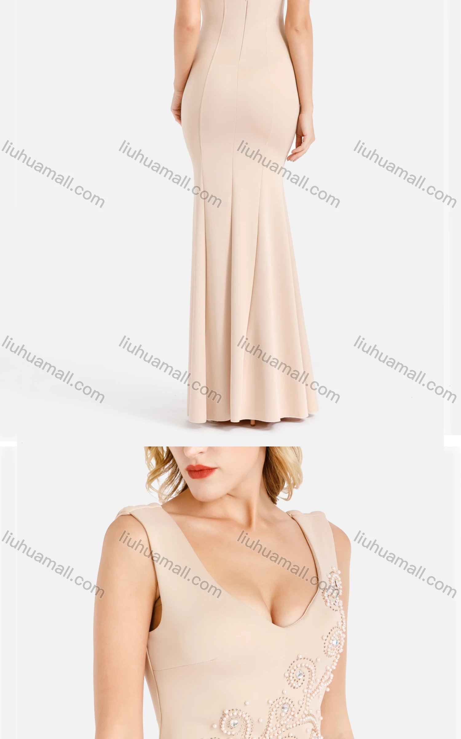 Wholesale Women's Elegant Plain V Neck Rhinestone Beaded Applique Sleeveless Slim Fit Mermaid Evening Dress - Liuhuamall