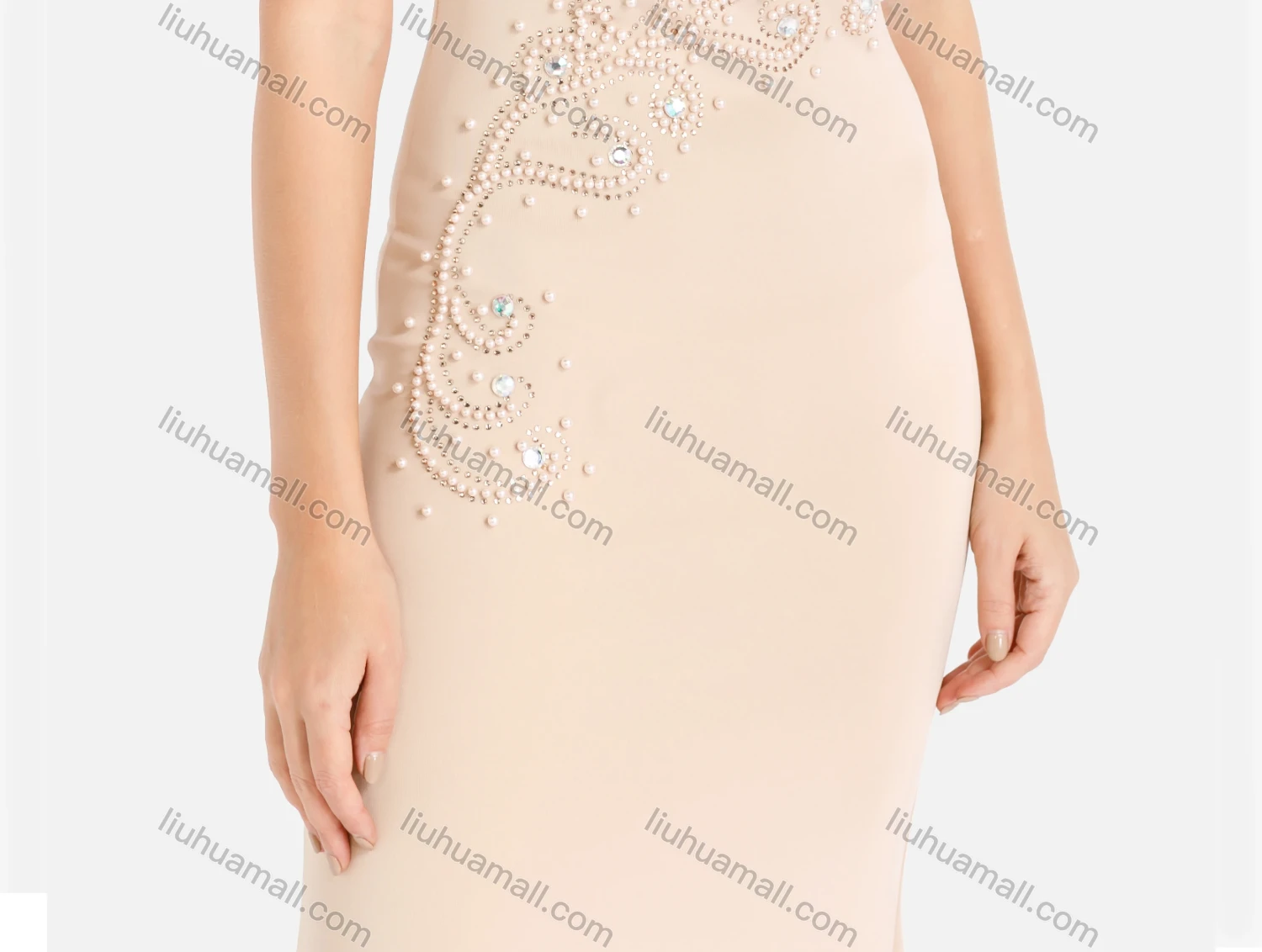 Wholesale Women's Elegant Plain V Neck Rhinestone Beaded Applique Sleeveless Slim Fit Mermaid Evening Dress - Liuhuamall