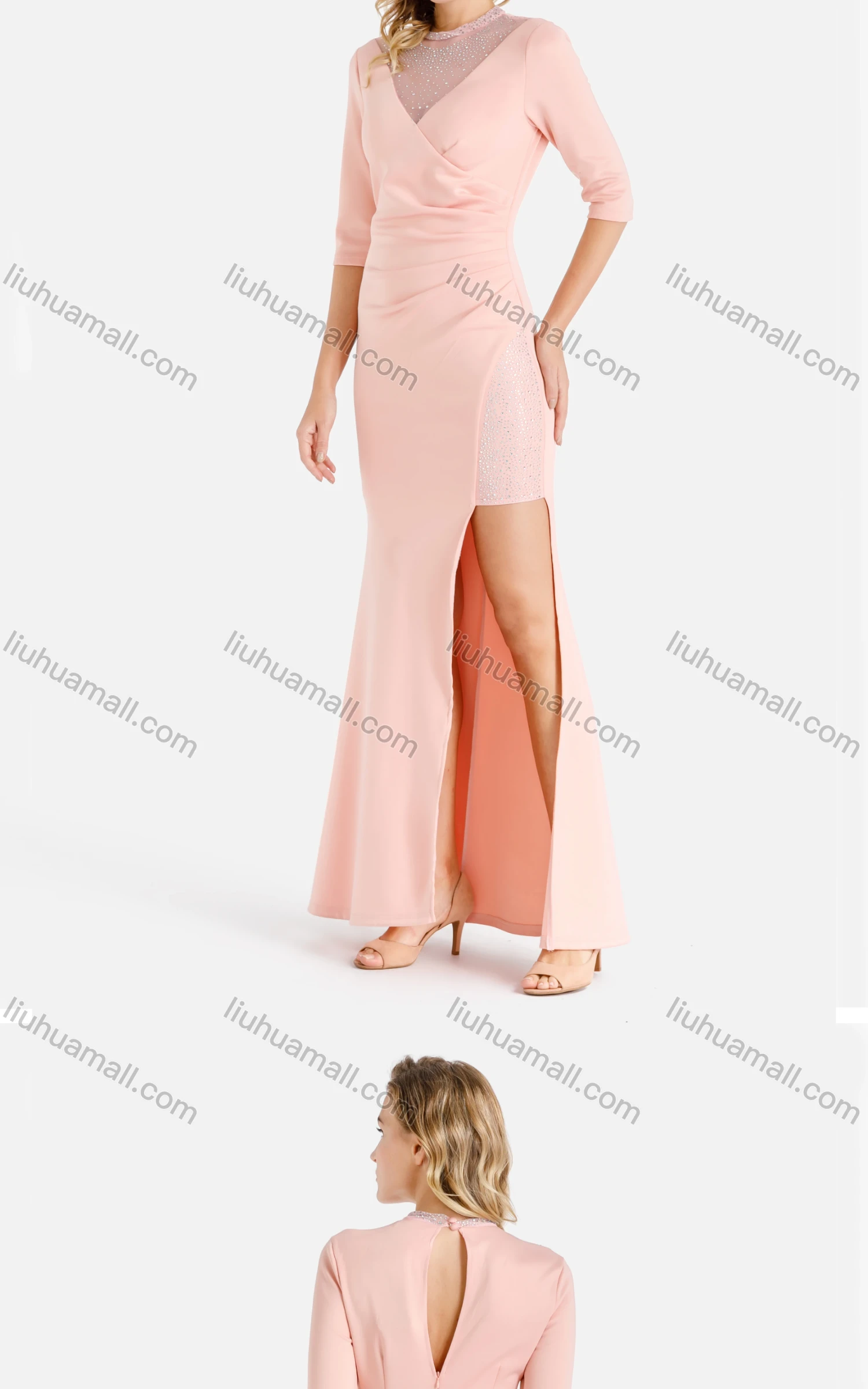 Wholesale Women's Elegant Crew Neck Splicing Rhinestone Mesh Zip Back Ruched Split Side Evening Dress - Liuhuamall