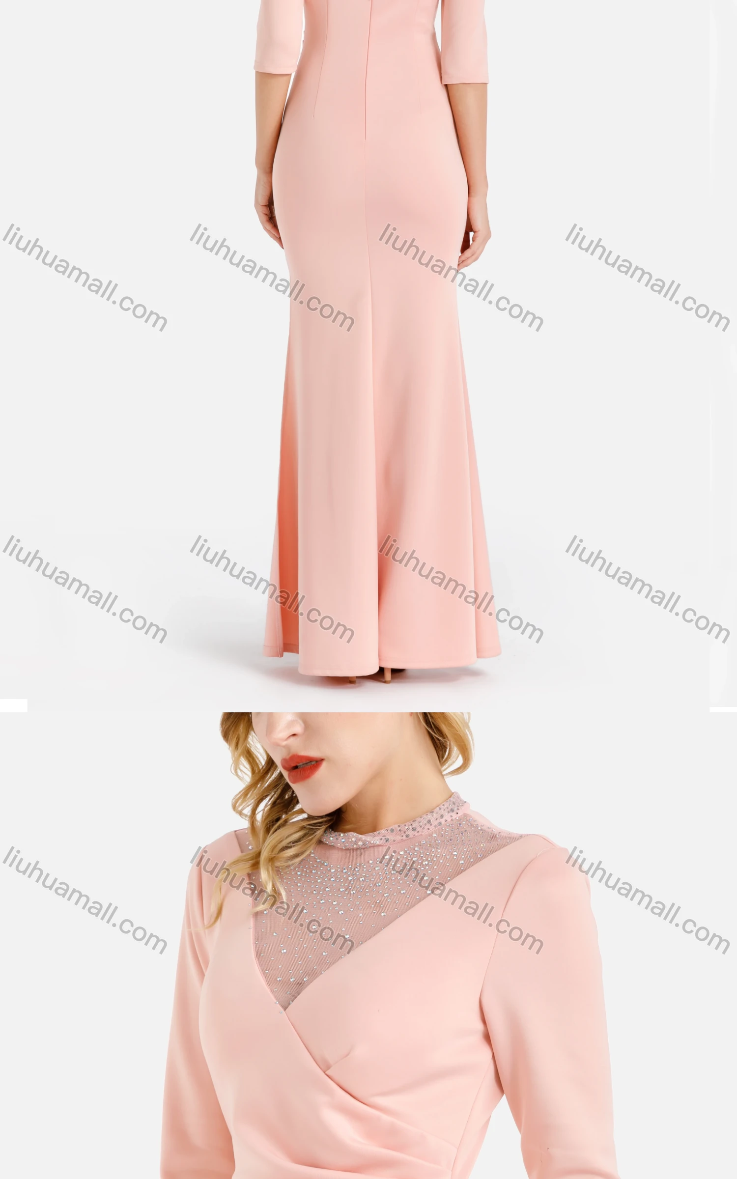 Wholesale Women's Elegant Crew Neck Splicing Rhinestone Mesh Zip Back Ruched Split Side Evening Dress - Liuhuamall