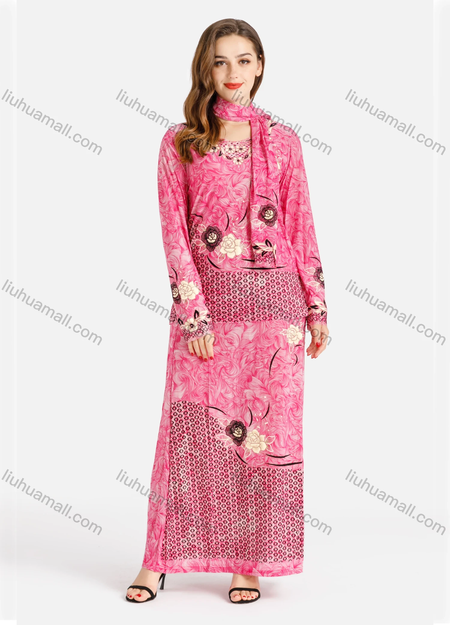 Wholesale Women's Muslim Islamic Milk Silk Allover Floral Print Long Sleeve Maxi Dress With Scarf - Liuhuamall