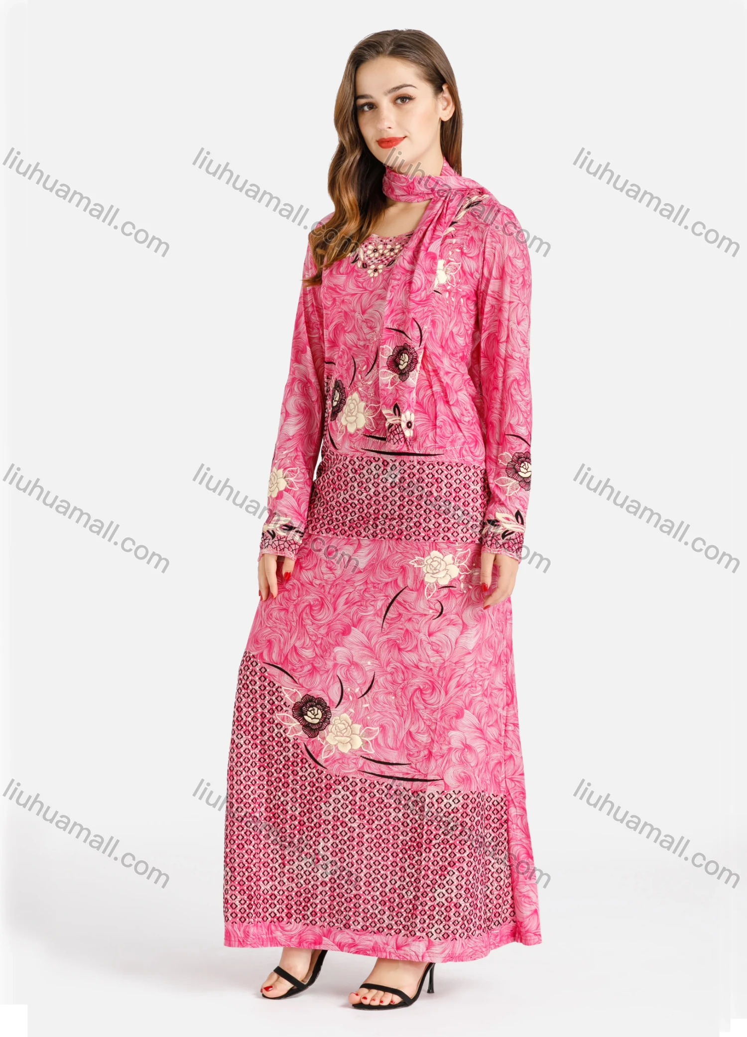 Wholesale Women's Muslim Islamic Milk Silk Allover Floral Print Long Sleeve Maxi Dress With Scarf - Liuhuamall
