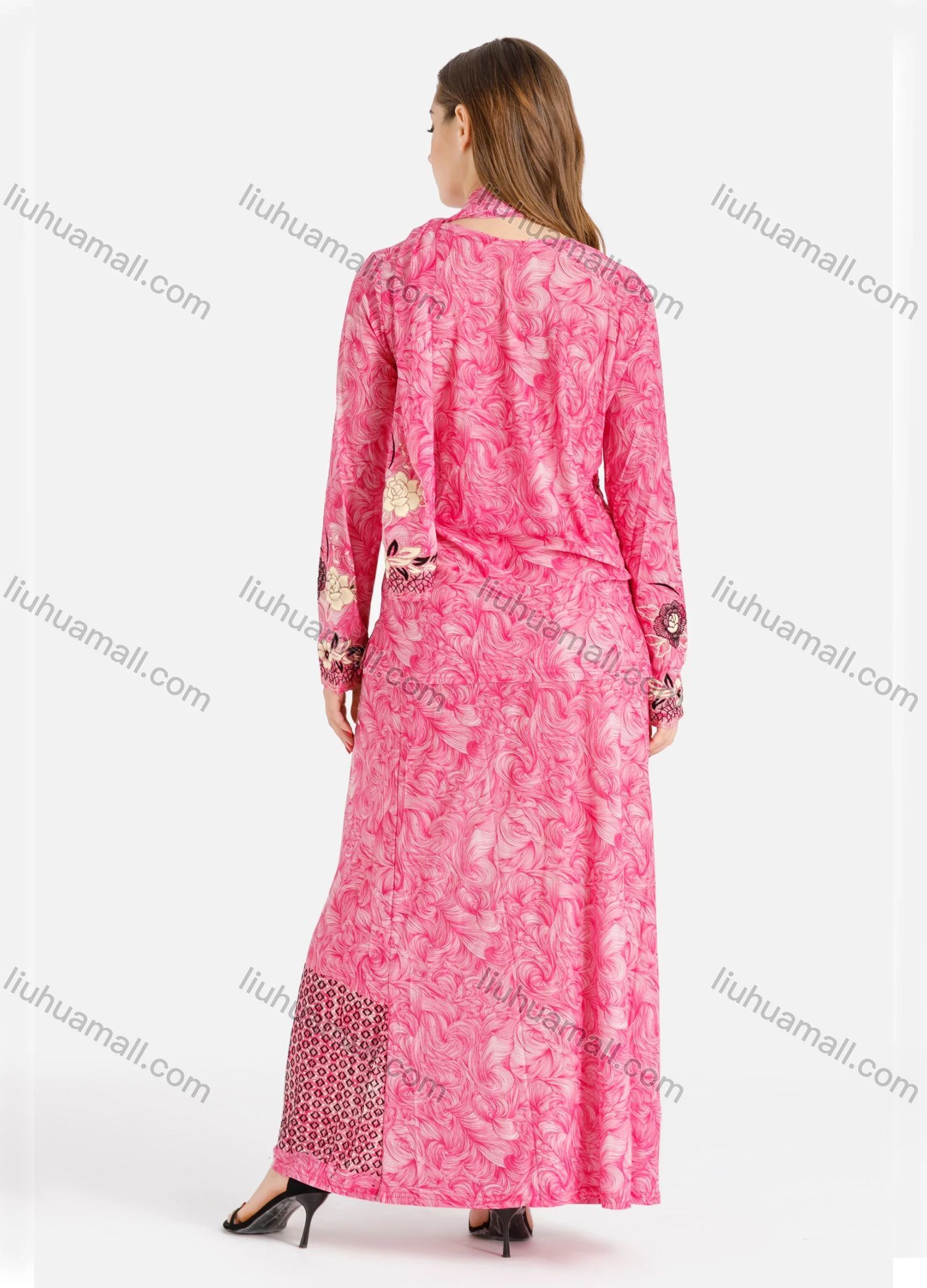 Wholesale Women's Muslim Islamic Milk Silk Allover Floral Print Long Sleeve Maxi Dress With Scarf - Liuhuamall