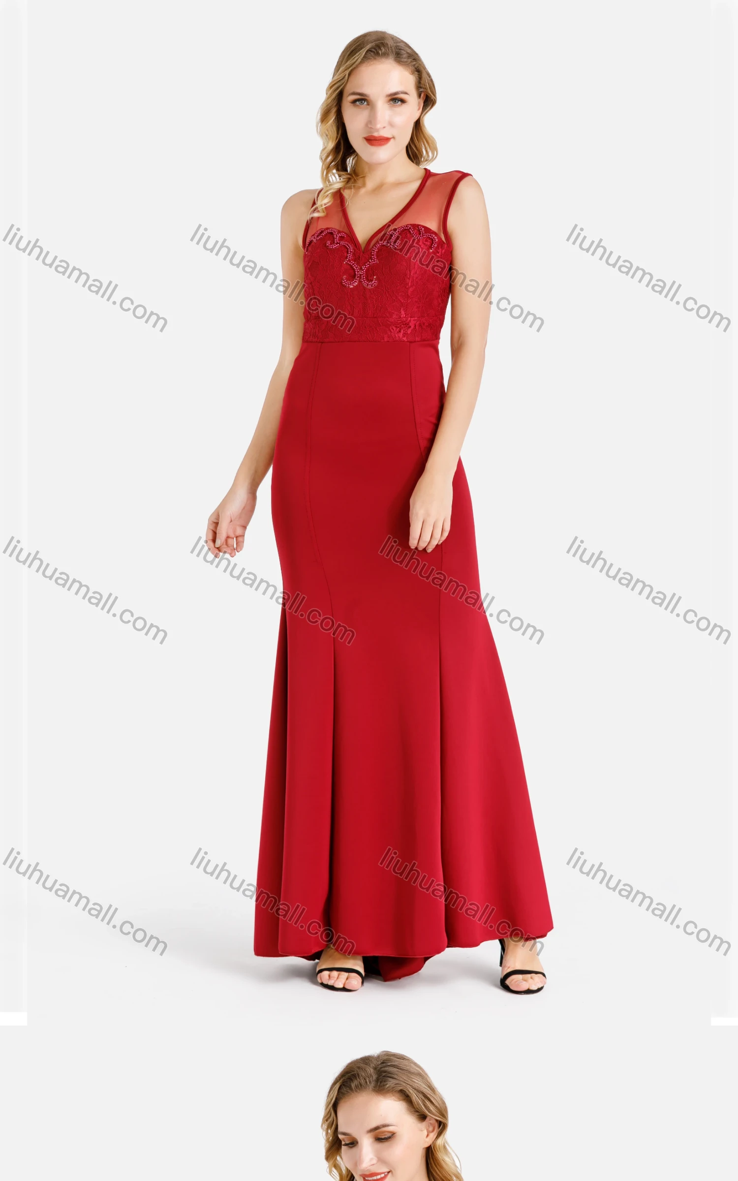 Wholesale Women's Elegant V Neck Sleeveless Ruched Beaded Applique Splicing Sheer Mesh Maxi Mermaid Evening Dress - Liuhuamall