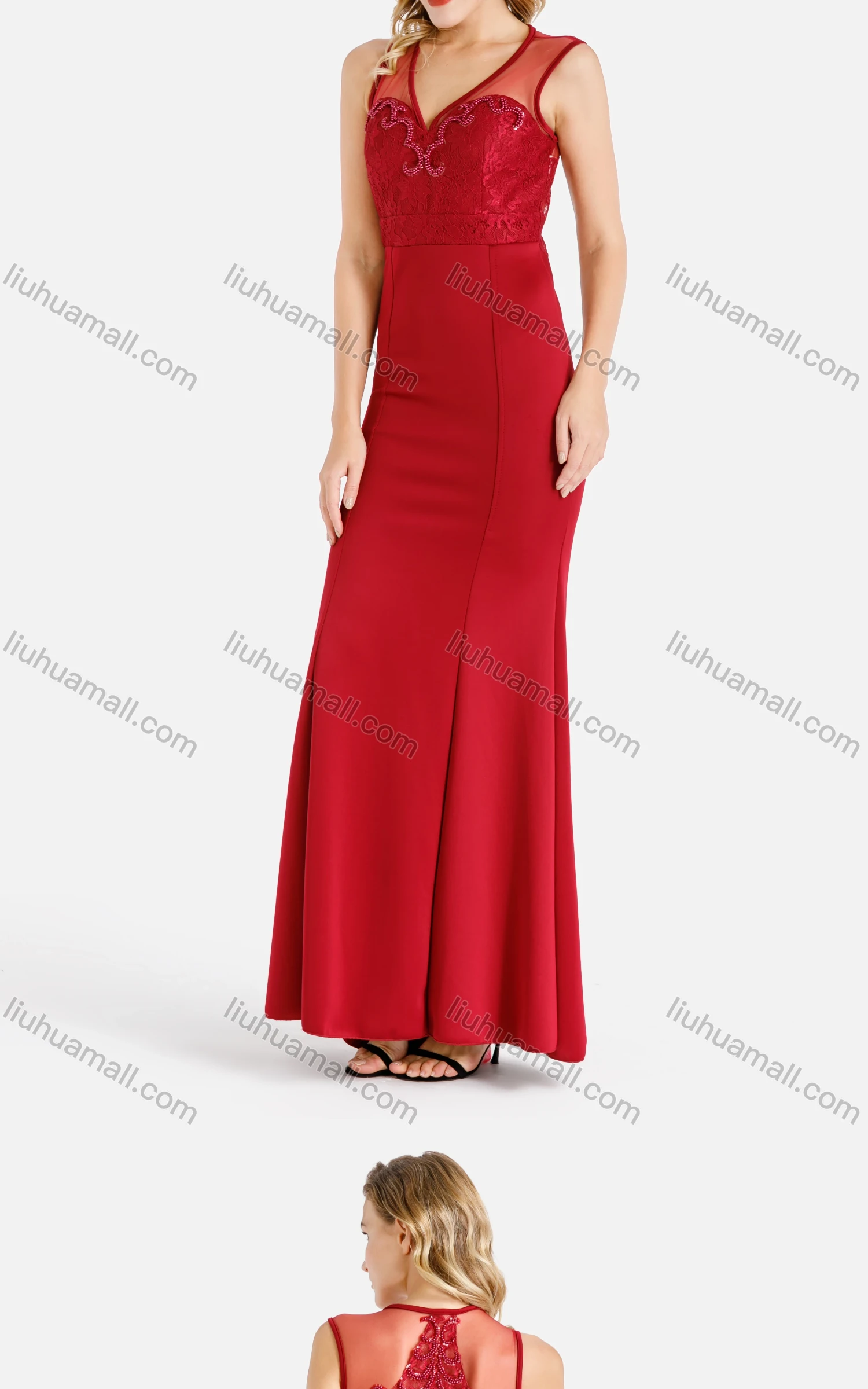 Wholesale Women's Elegant V Neck Sleeveless Ruched Beaded Applique Splicing Sheer Mesh Maxi Mermaid Evening Dress - Liuhuamall