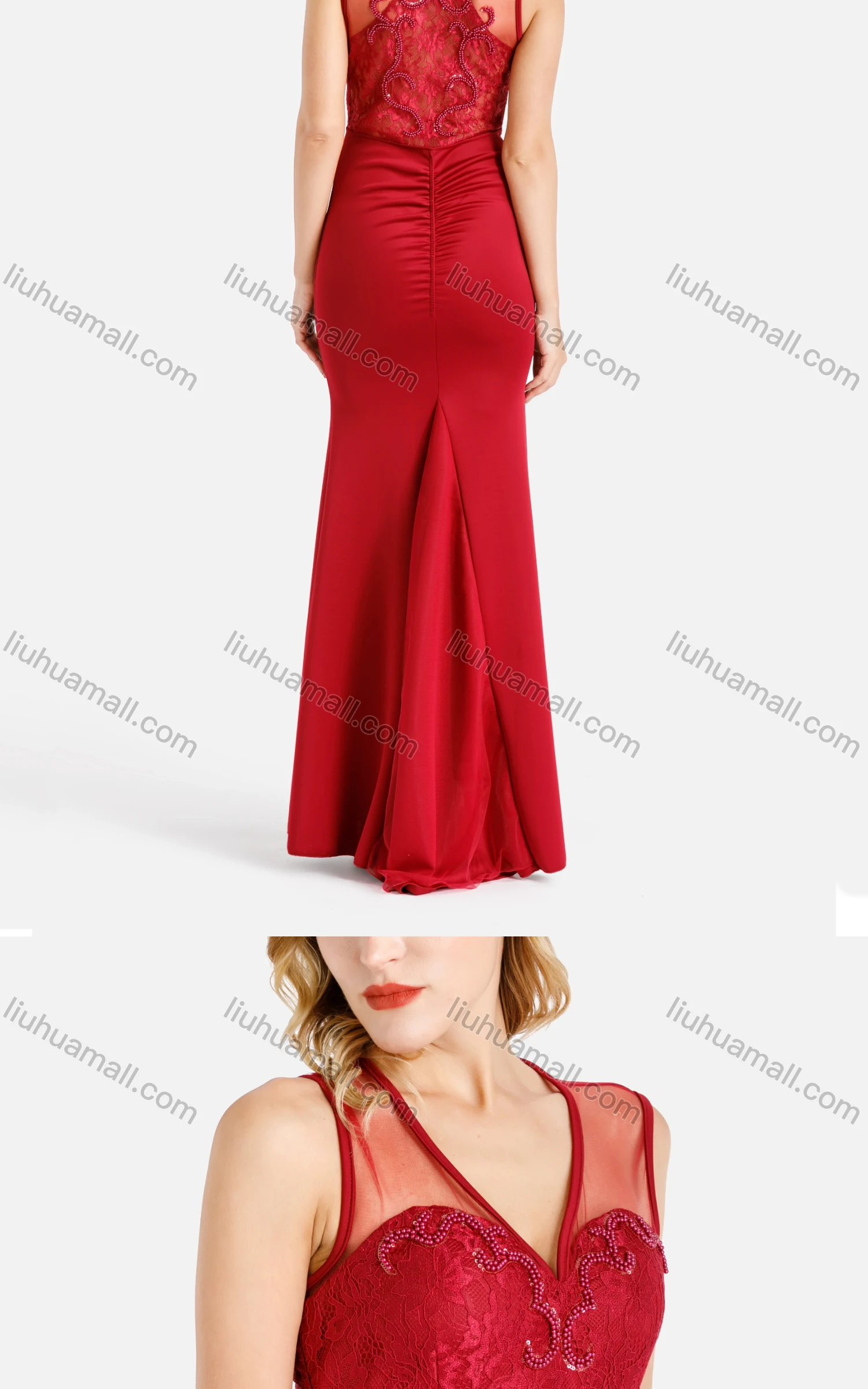 Wholesale Women's Elegant V Neck Sleeveless Ruched Beaded Applique Splicing Sheer Mesh Maxi Mermaid Evening Dress - Liuhuamall