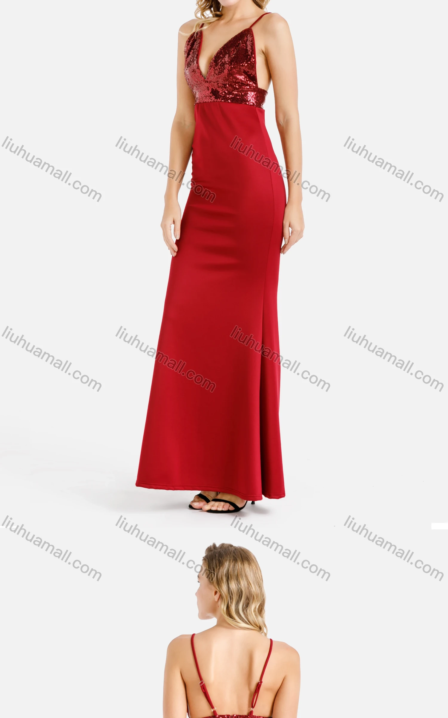 Wholesale Women's Sexy Deep V Neck Splicing Sequin Open Back Spaghetti Straps Cami Mermaid Evening Dress - Liuhuamall