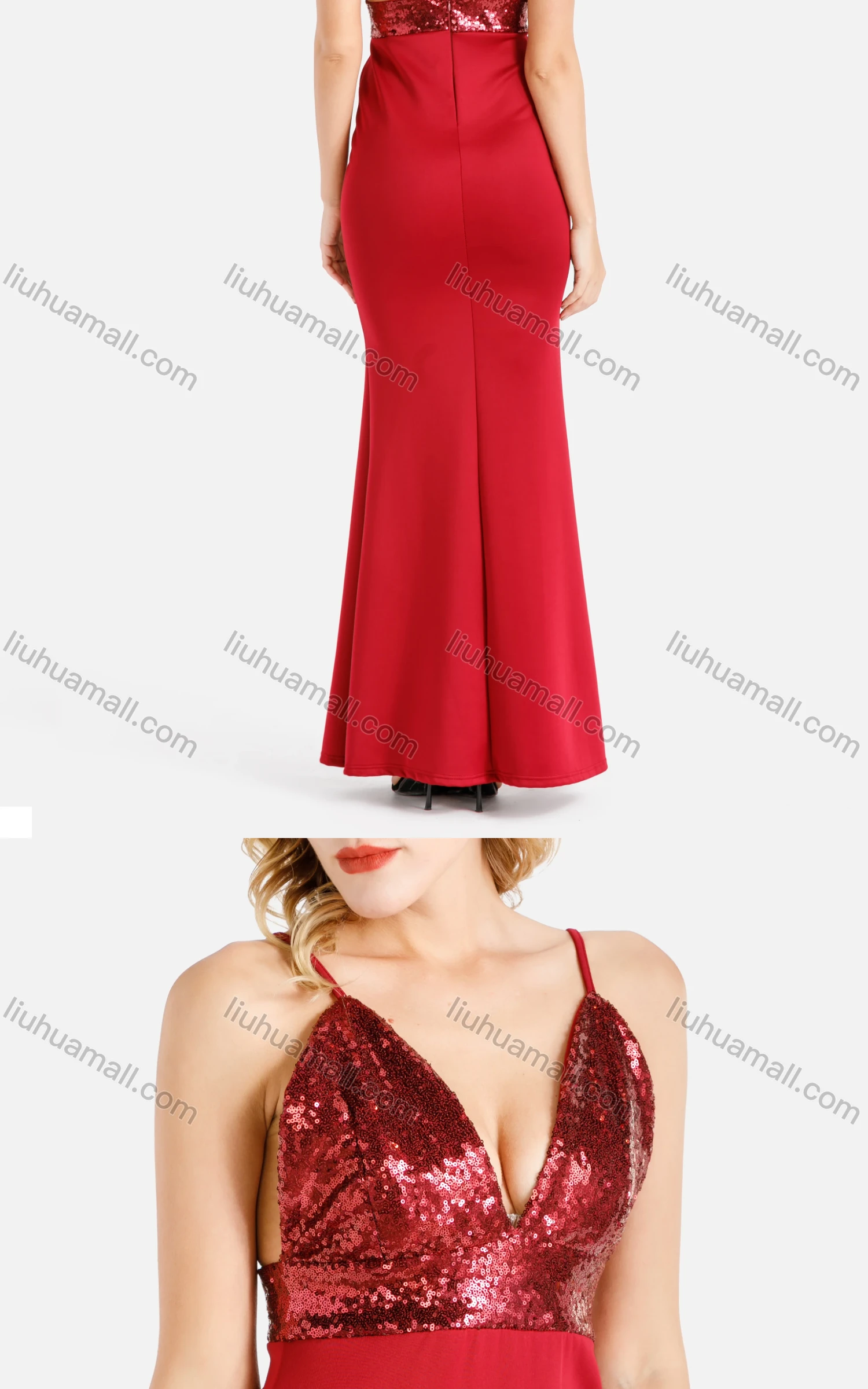 Wholesale Women's Sexy Deep V Neck Splicing Sequin Open Back Spaghetti Straps Cami Mermaid Evening Dress - Liuhuamall
