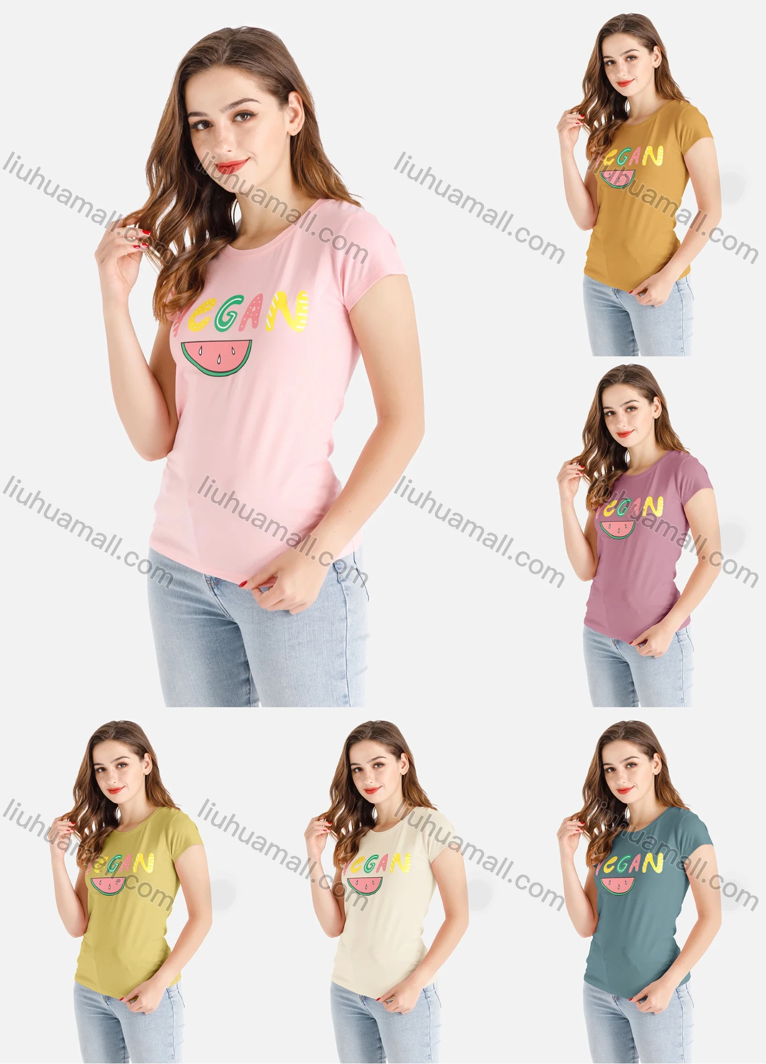 Wholesale Women's Casual Letter Fruit Print Short Sleeve Round Neck Tee - Liuhuamall
