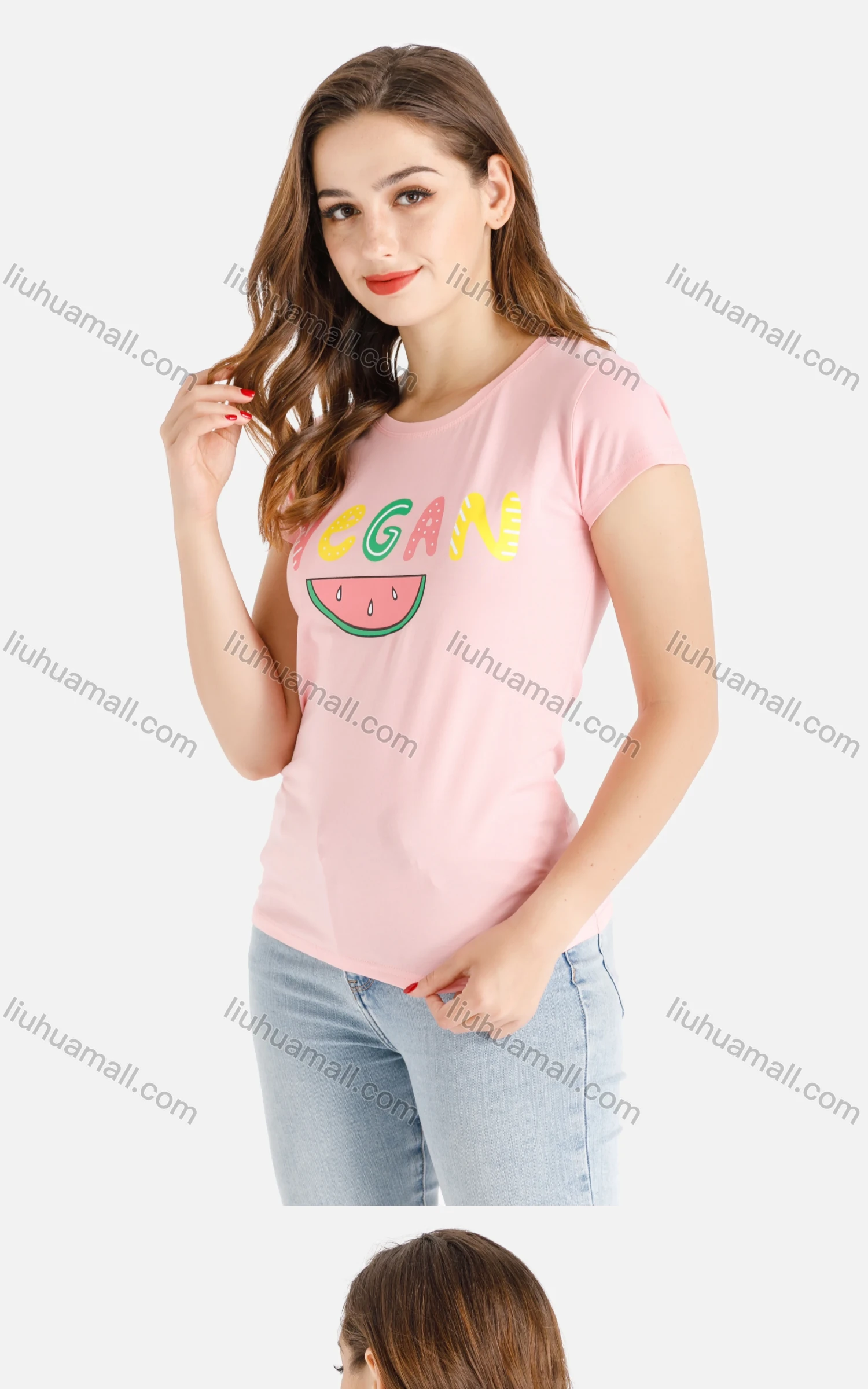 Wholesale Women's Casual Letter Fruit Print Short Sleeve Round Neck Tee - Liuhuamall