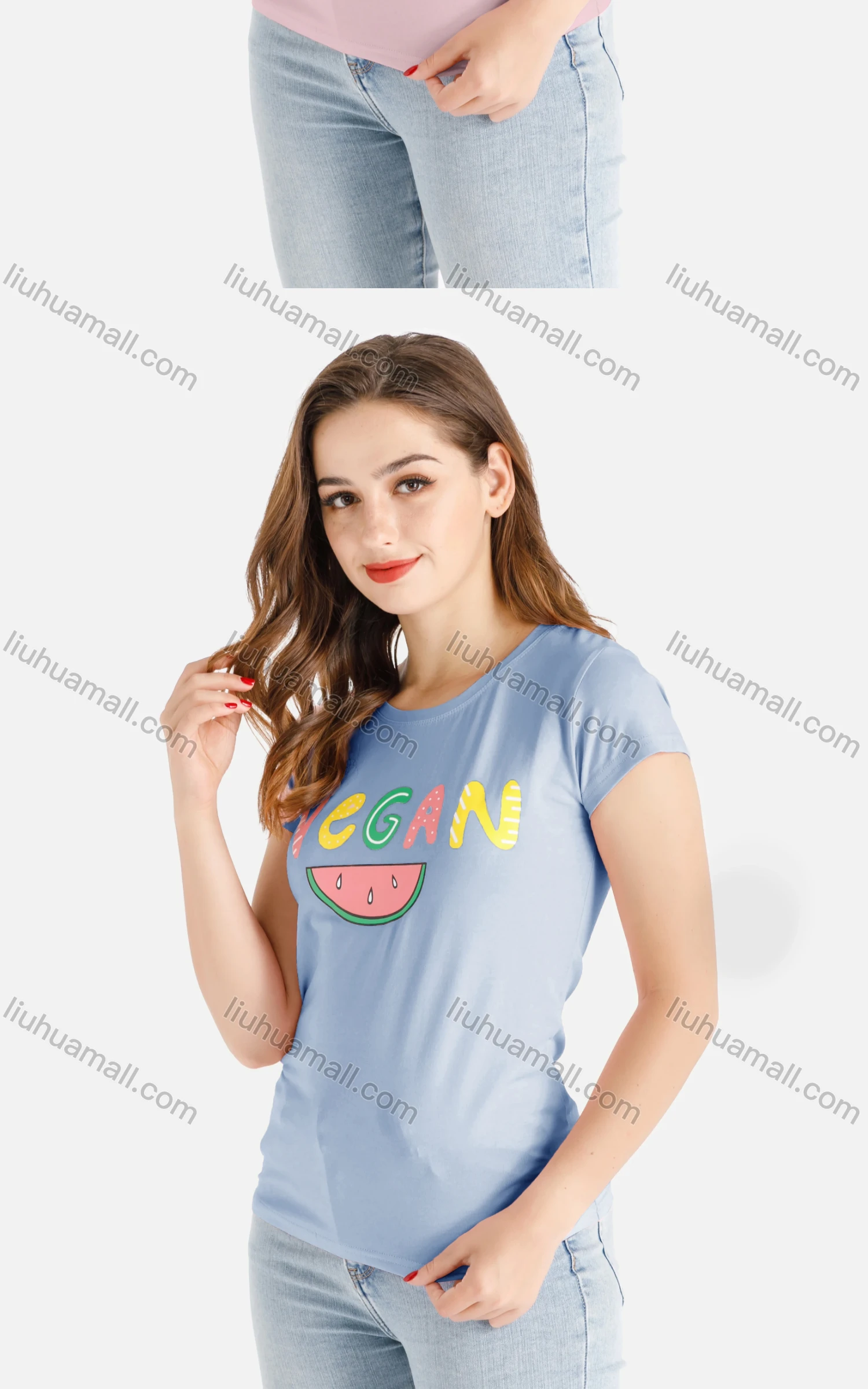 Wholesale Women's Casual Letter Fruit Print Short Sleeve Round Neck Tee - Liuhuamall