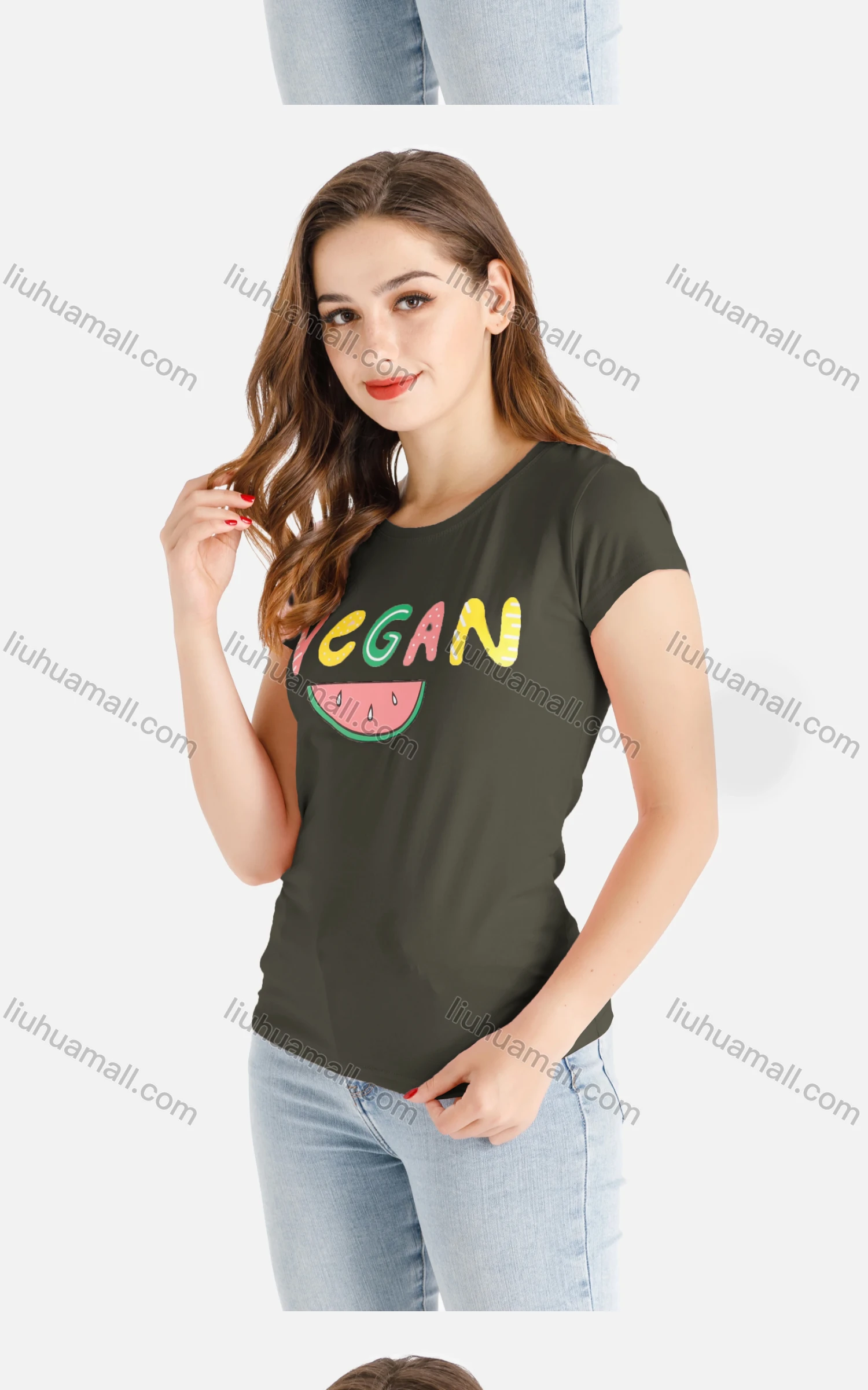 Wholesale Women's Casual Letter Fruit Print Short Sleeve Round Neck Tee - Liuhuamall