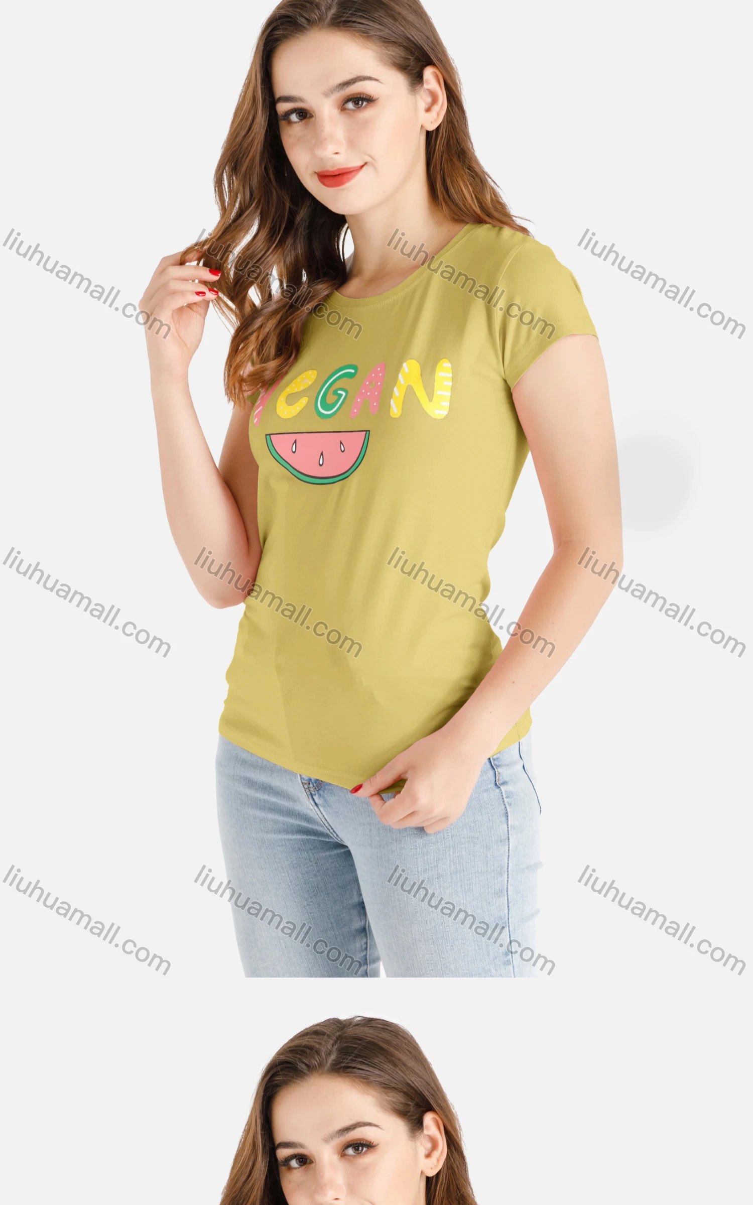 Wholesale Women's Casual Letter Fruit Print Short Sleeve Round Neck Tee - Liuhuamall