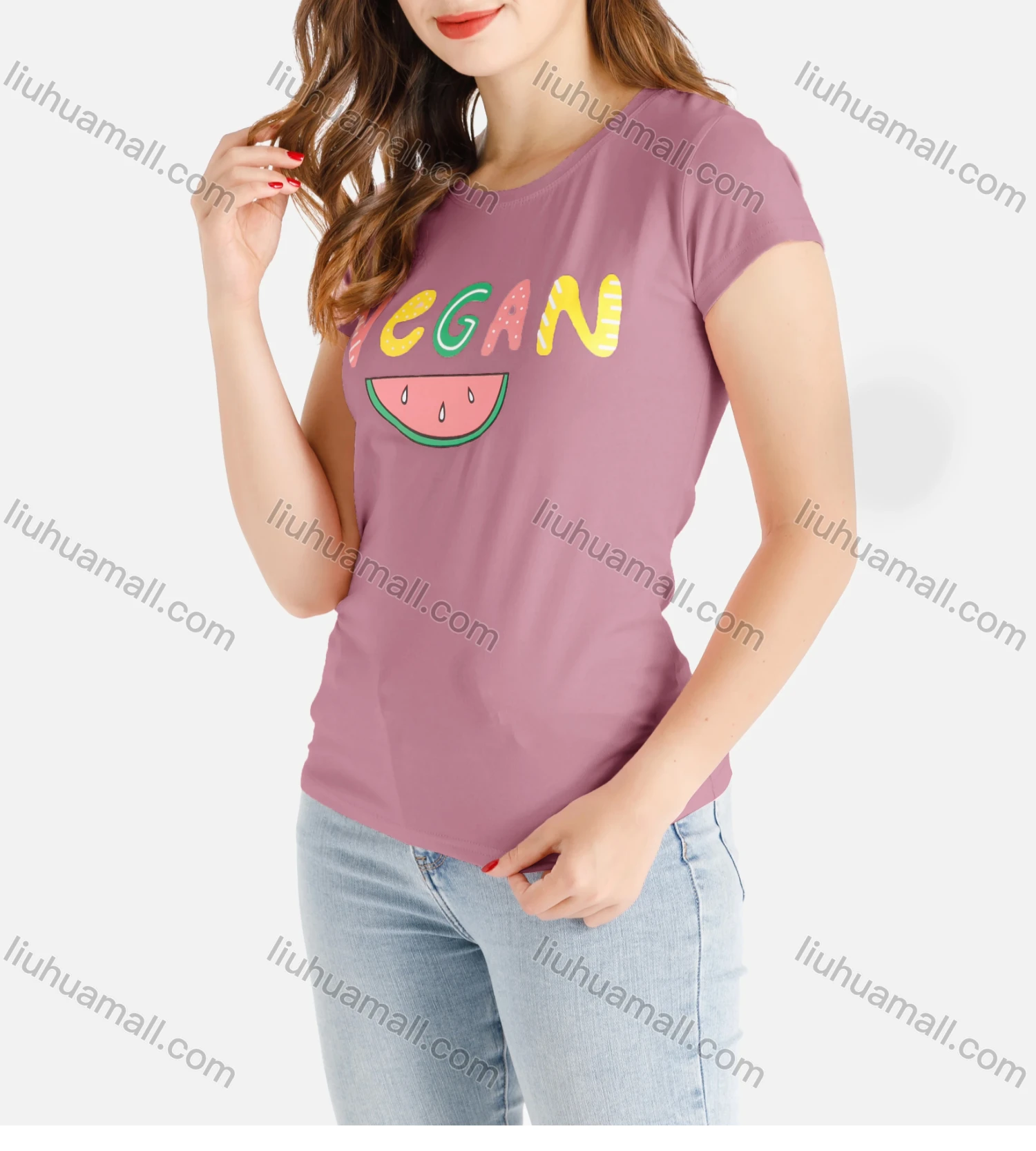 Wholesale Women's Casual Letter Fruit Print Short Sleeve Round Neck Tee - Liuhuamall