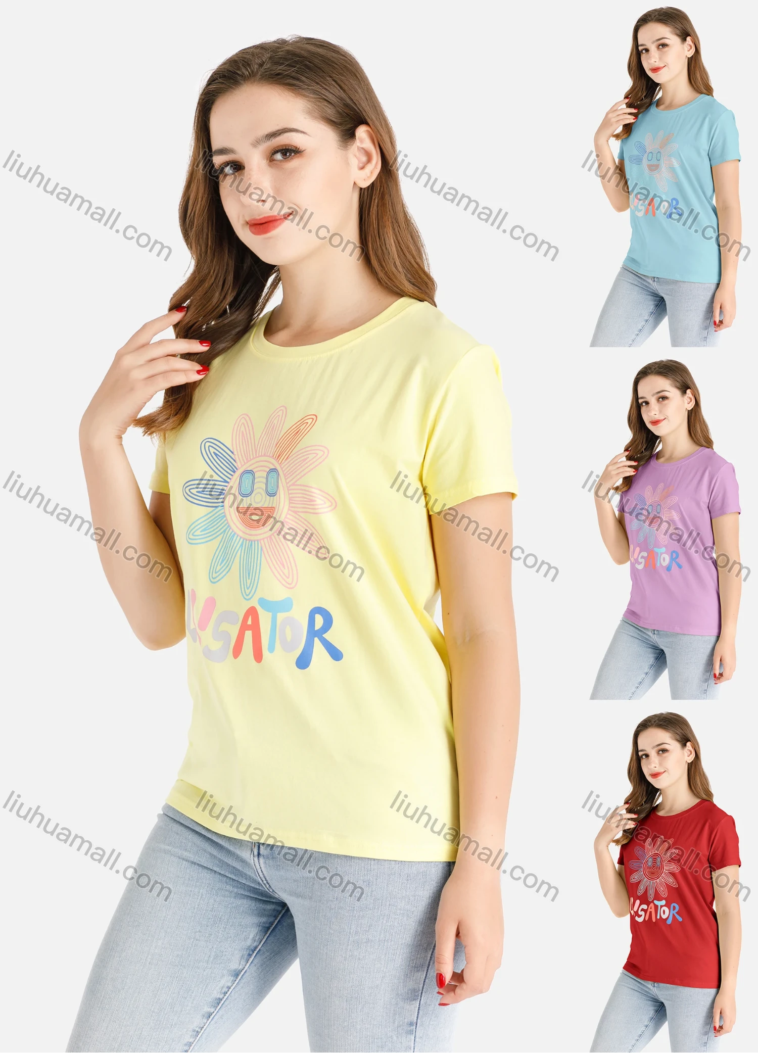 Wholesale Women's Casual Cartoon Sunflower Print Short Sleeve Round Neck Tee - Liuhuamall
