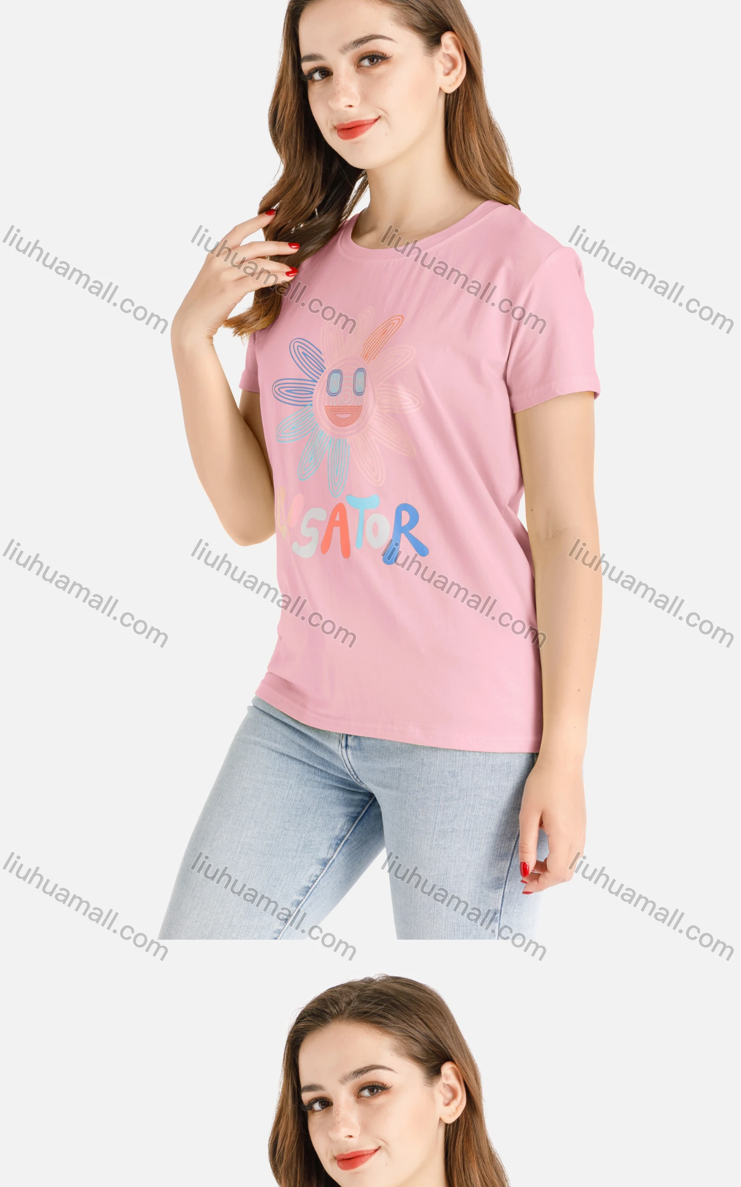 Wholesale Women's Casual Cartoon Sunflower Print Short Sleeve Round Neck Tee - Liuhuamall