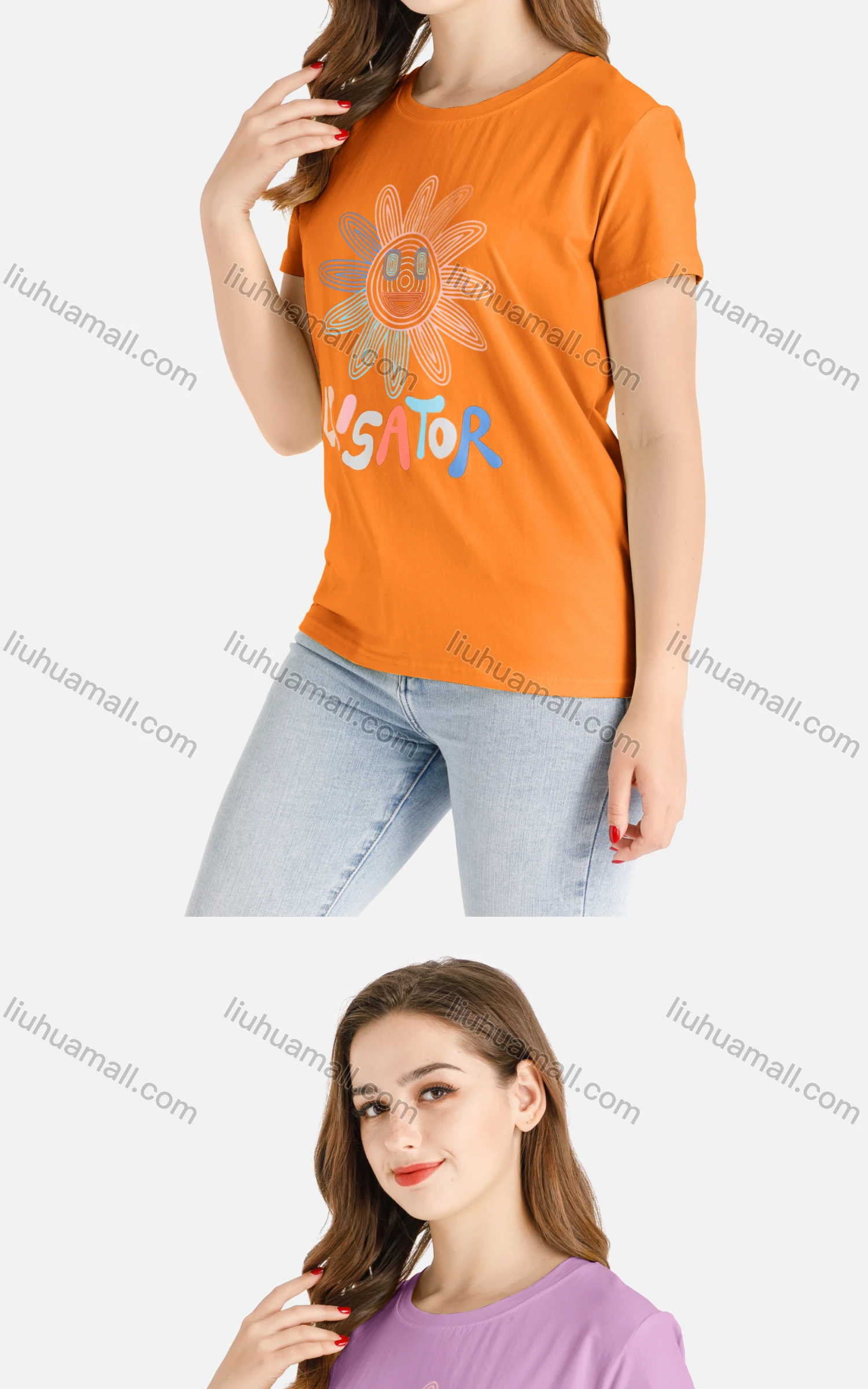 Wholesale Women's Casual Cartoon Sunflower Print Short Sleeve Round Neck Tee - Liuhuamall